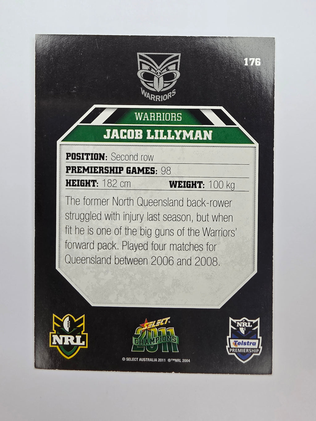 NRL 2011 Champions Base Card #176 Jacob Lillyman New Zealand Warriors