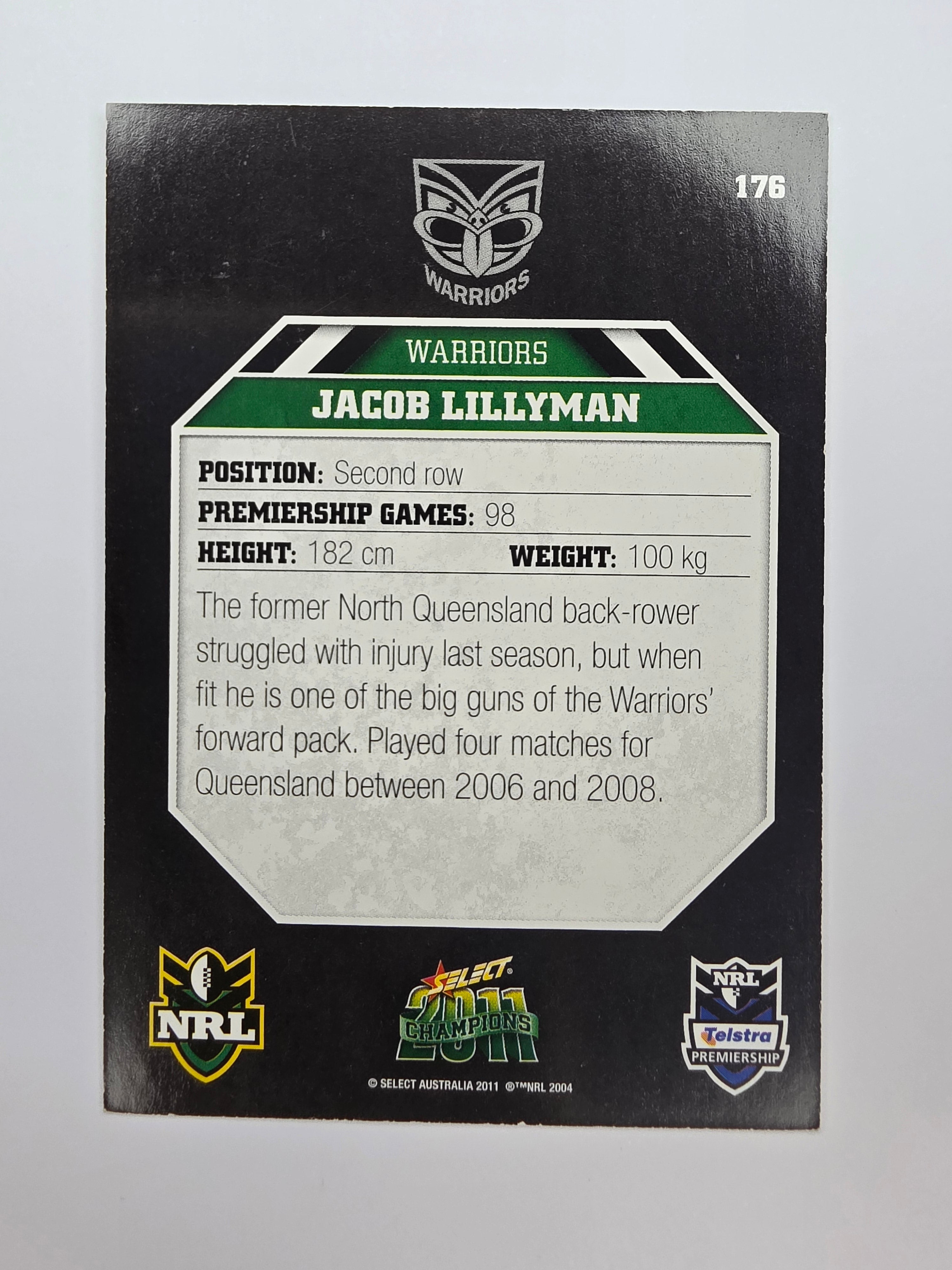 NRL 2011 Champions Base Card #176 Jacob Lillyman New Zealand Warriors