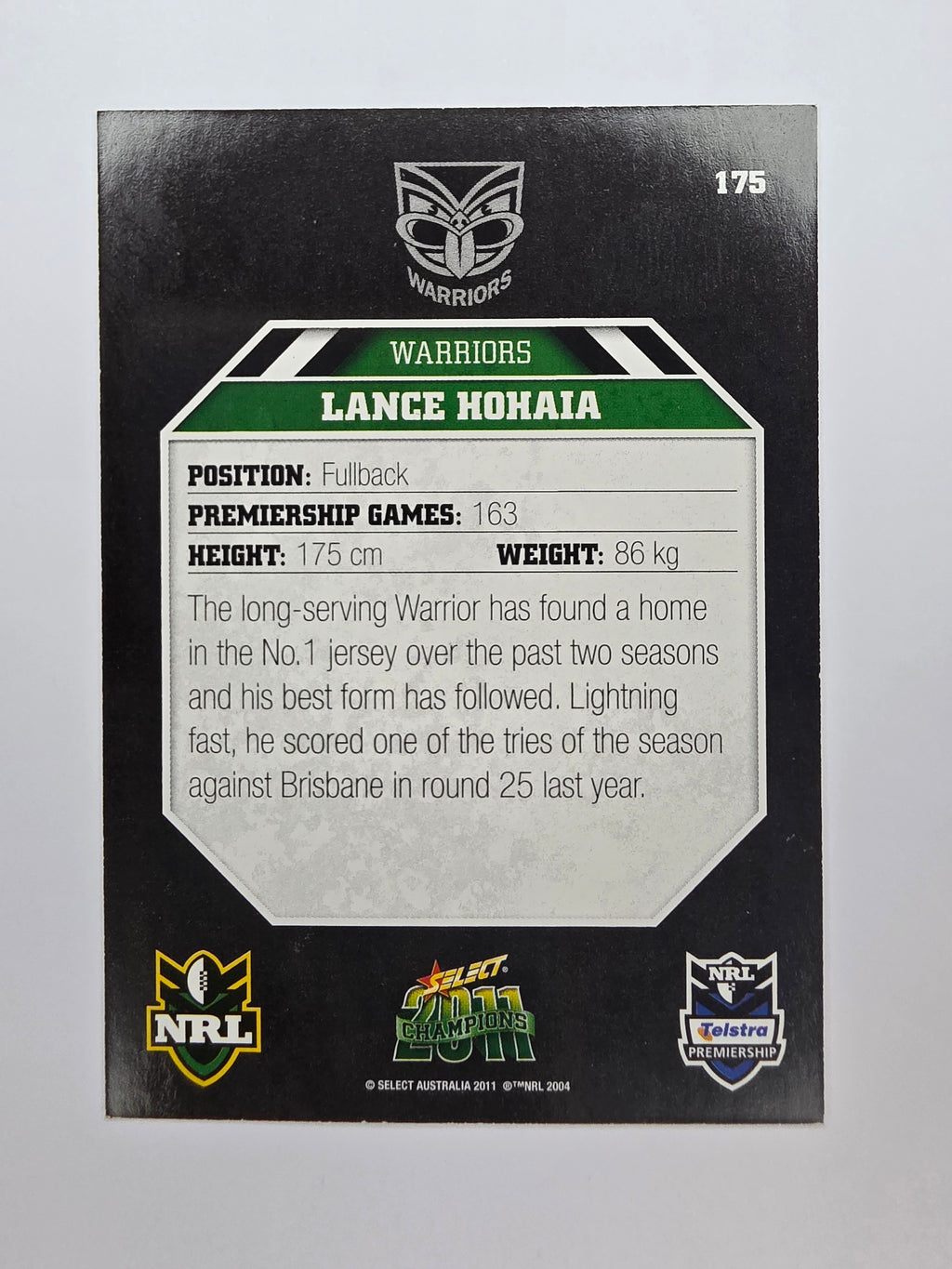 NRL 2011 Champions Base Card #175 Lance Hohaia New Zealand Warriors