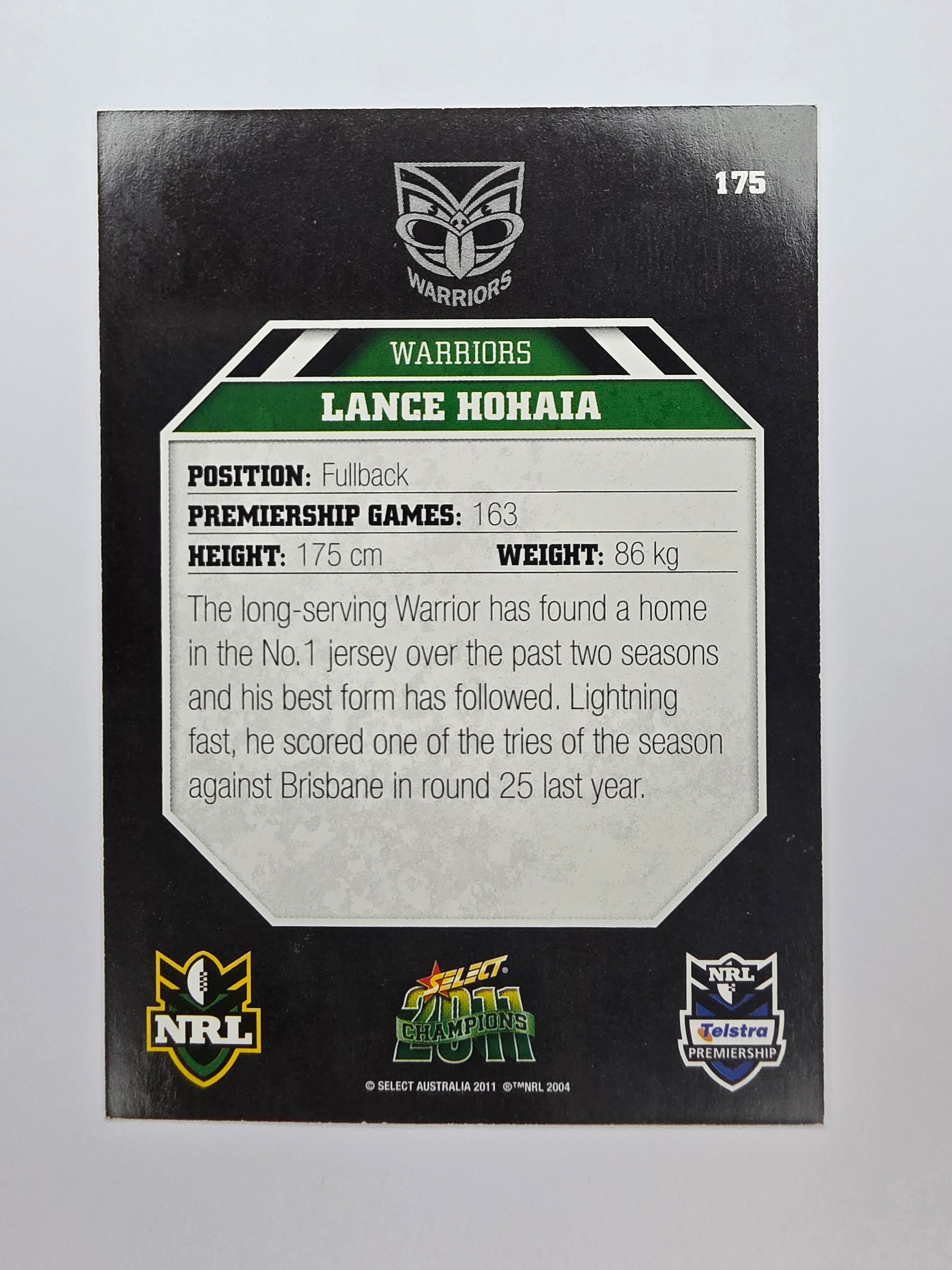 NRL 2011 Champions Base Card #175 Lance Hohaia New Zealand Warriors