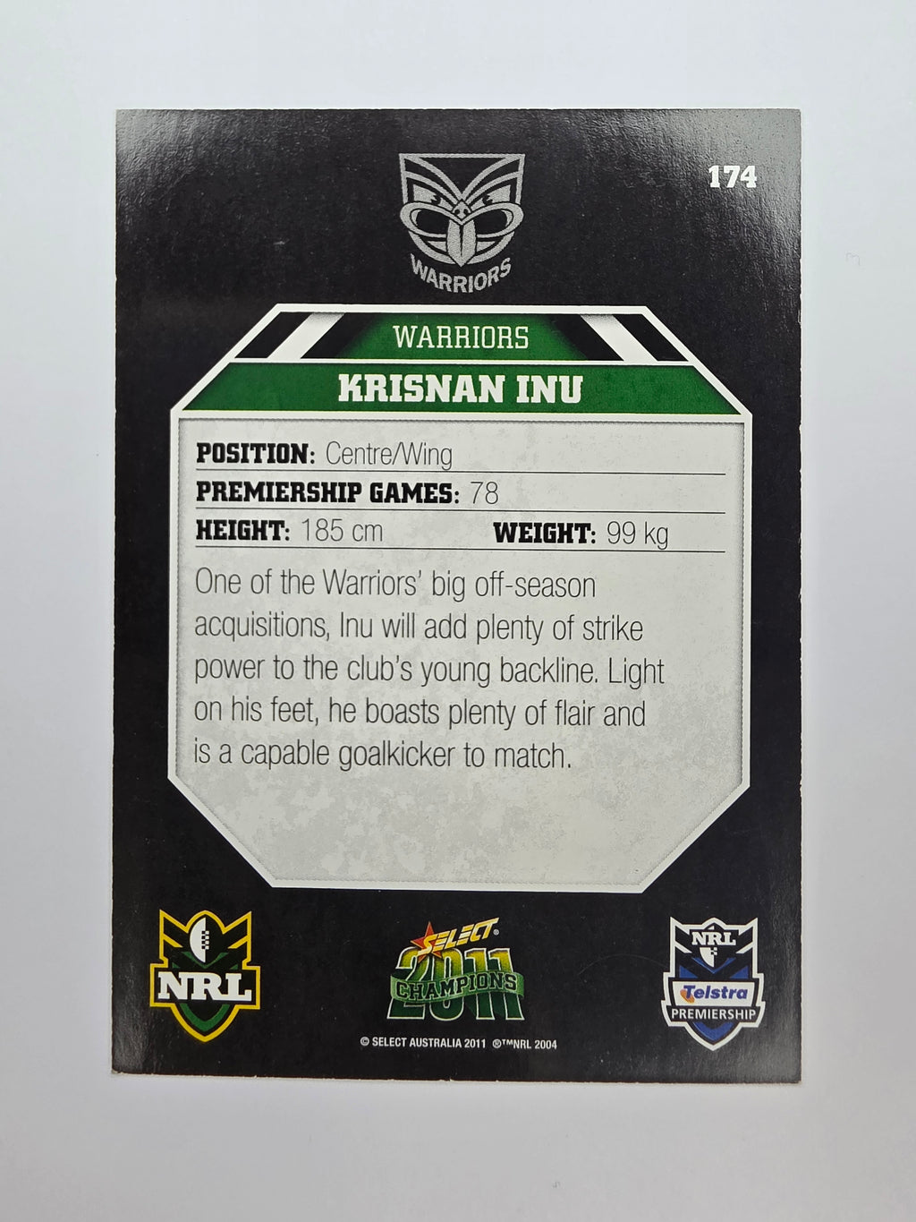 NRL 2011 Champions Base Card #174 Krisnan Inu New Zealand Warriors