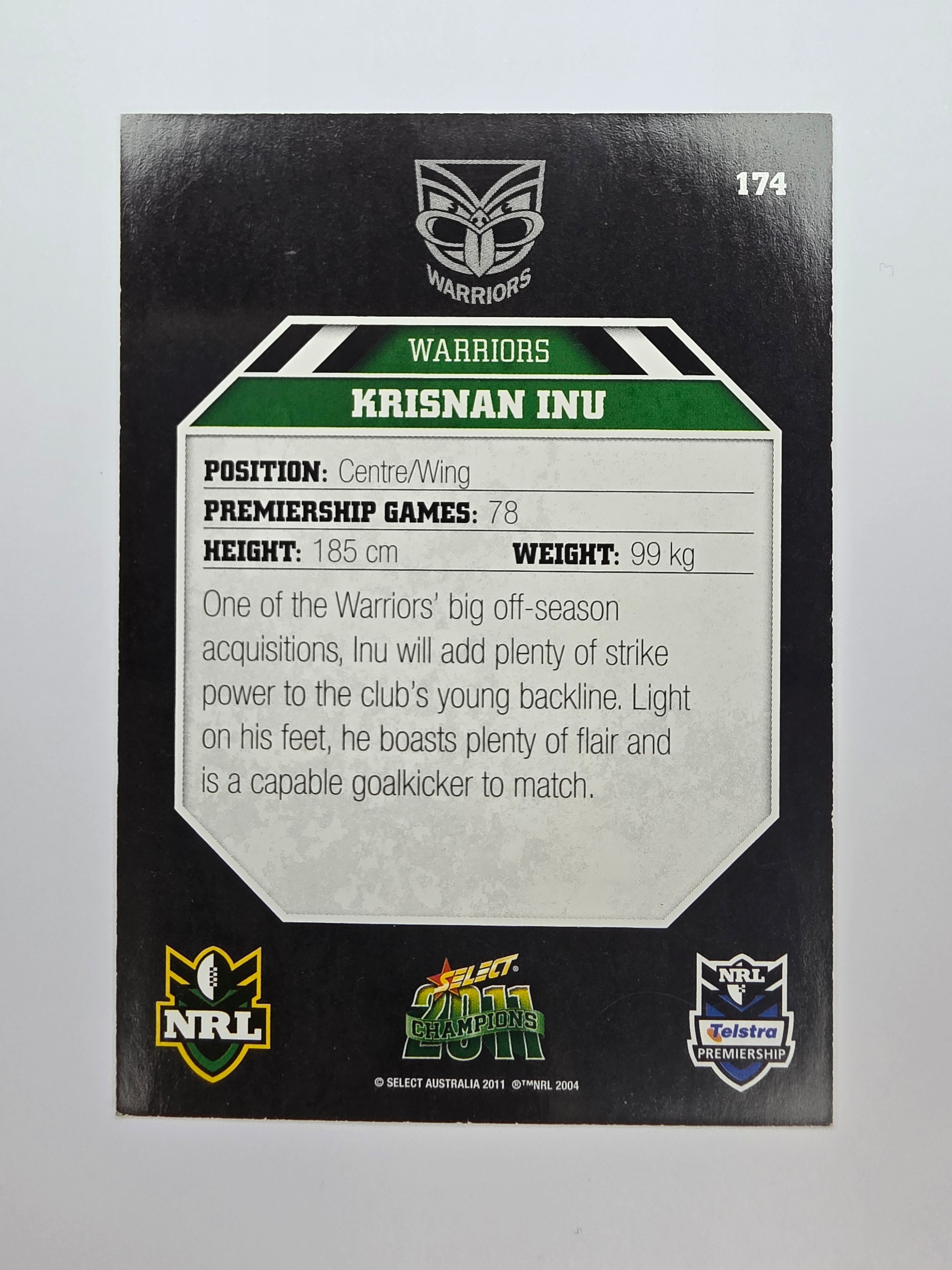 NRL 2011 Champions Base Card #174 Krisnan Inu New Zealand Warriors