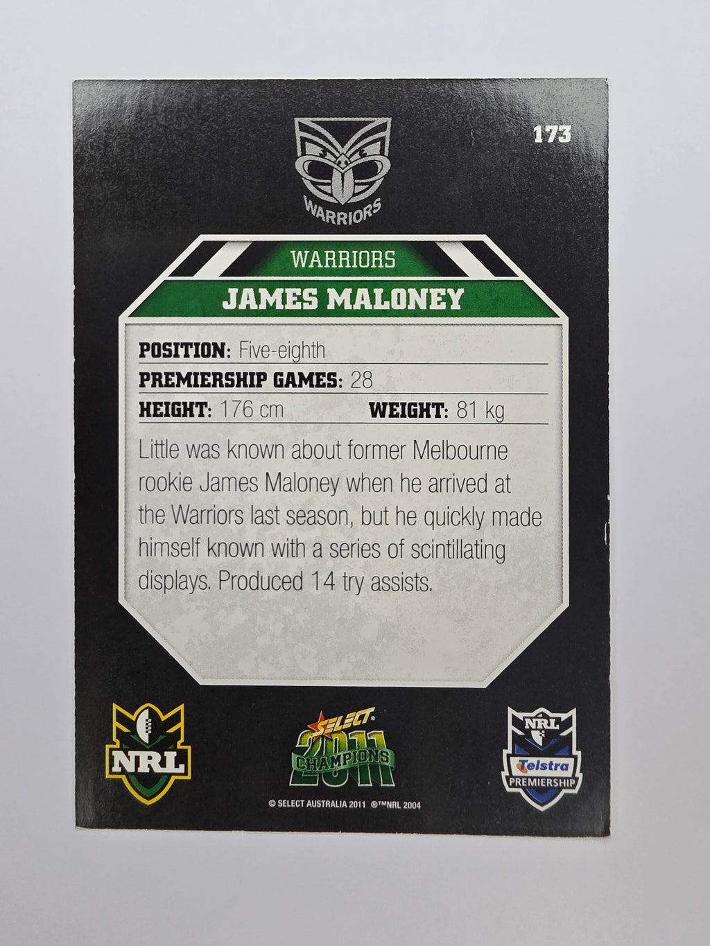 NRL 2011 Champions Base Card #173 James Maloney New Zealand Warriors