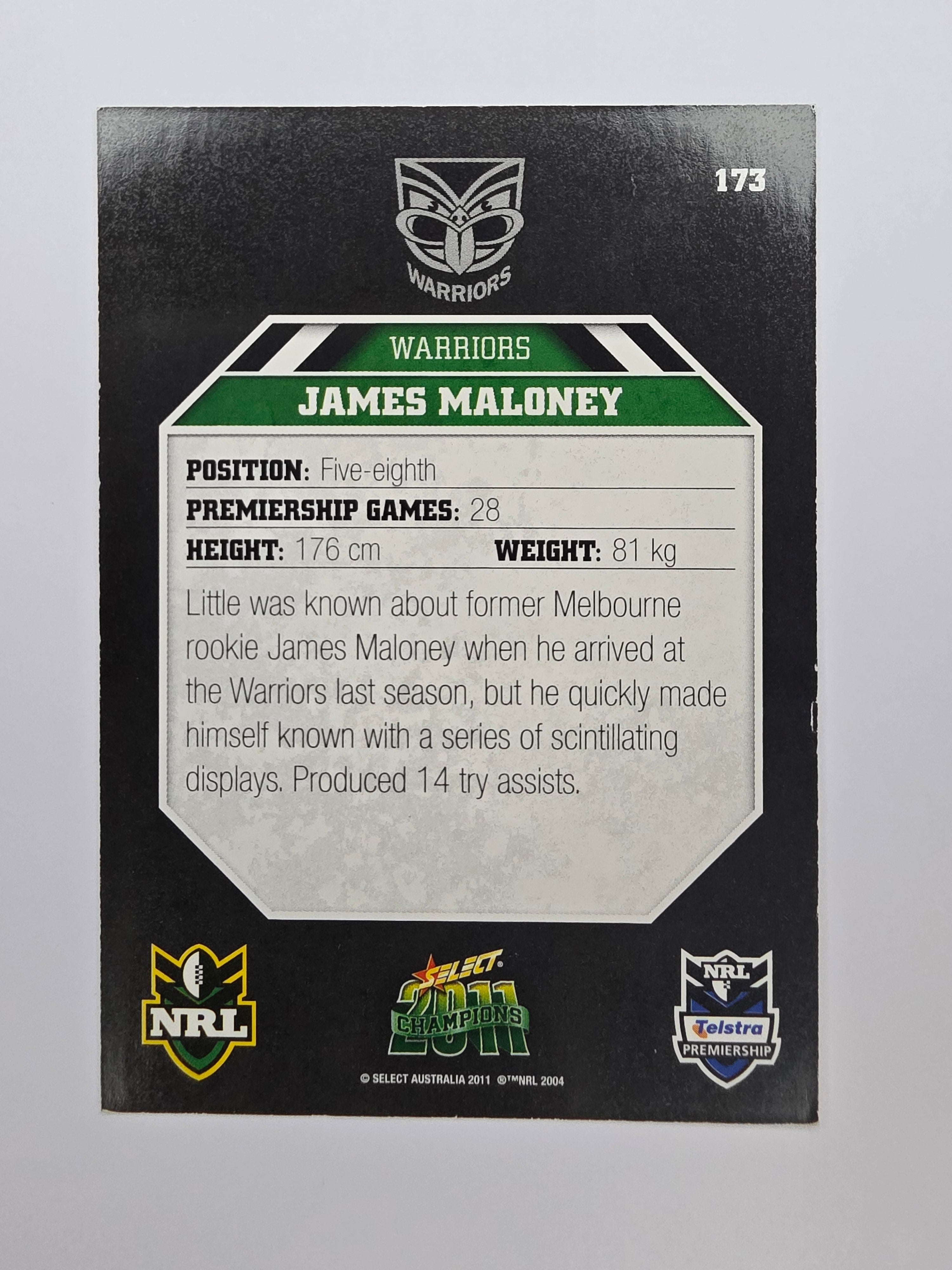 NRL 2011 Champions Base Card #173 James Maloney New Zealand Warriors