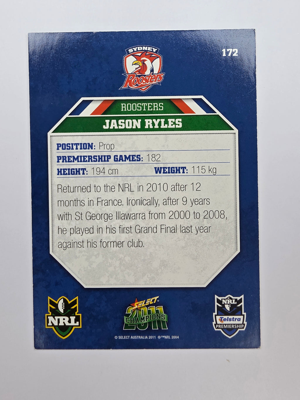 NRL 2011 Champions Base Card #172 Jason Ryles Sydney Roosters