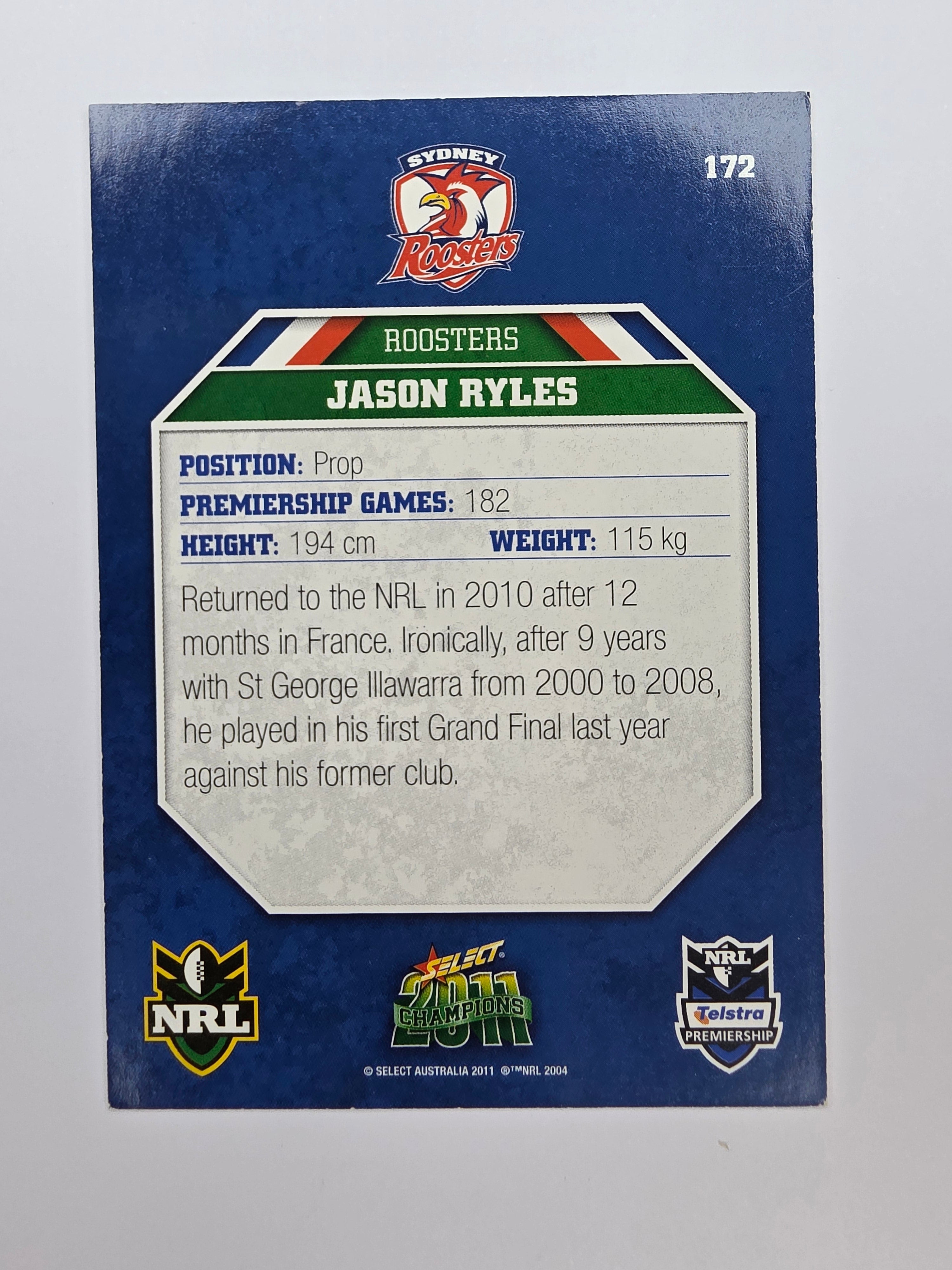 NRL 2011 Champions Base Card #172 Jason Ryles Sydney Roosters