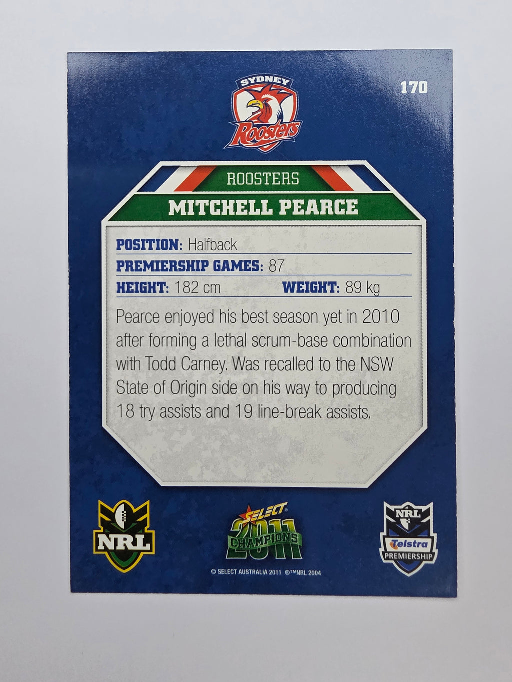 NRL 2011 Champions Base Card #170 Mitchell Pearce Sydney Roosters