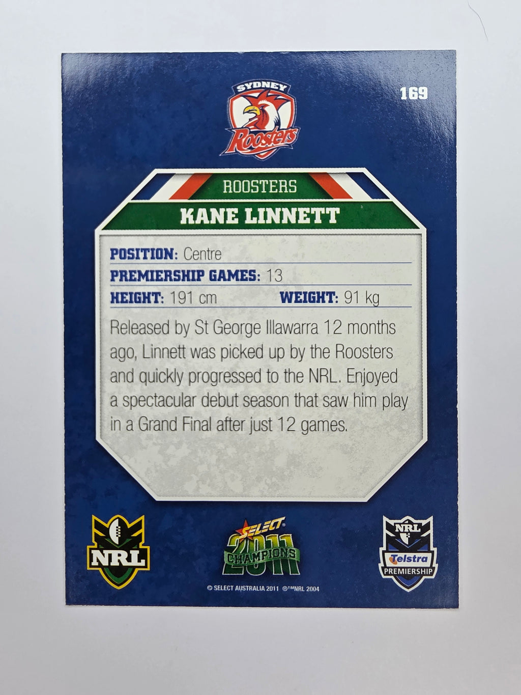 NRL 2011 Champions Base Card #169 Kane Linnett Sydney Roosters