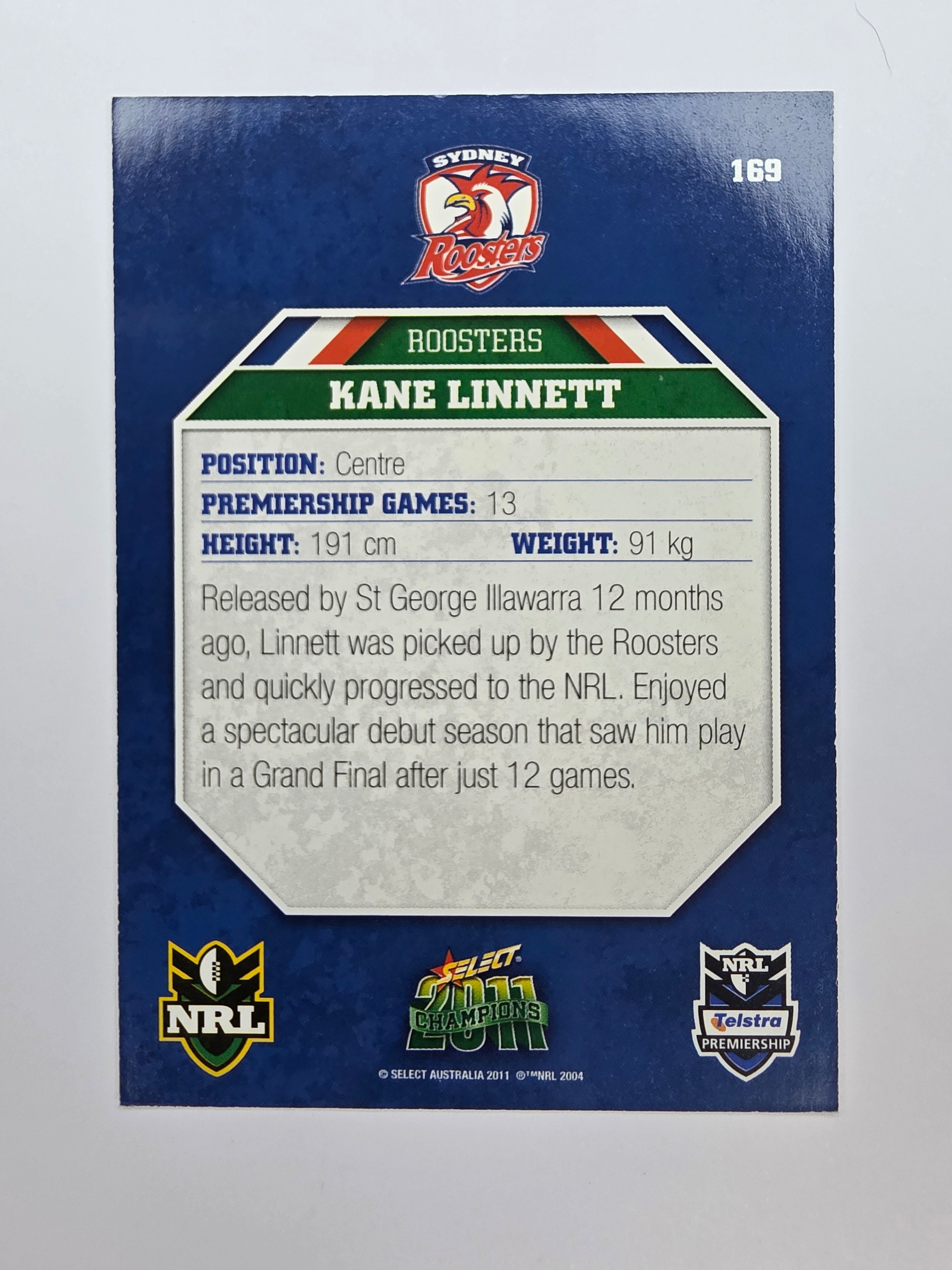 NRL 2011 Champions Base Card #169 Kane Linnett Sydney Roosters
