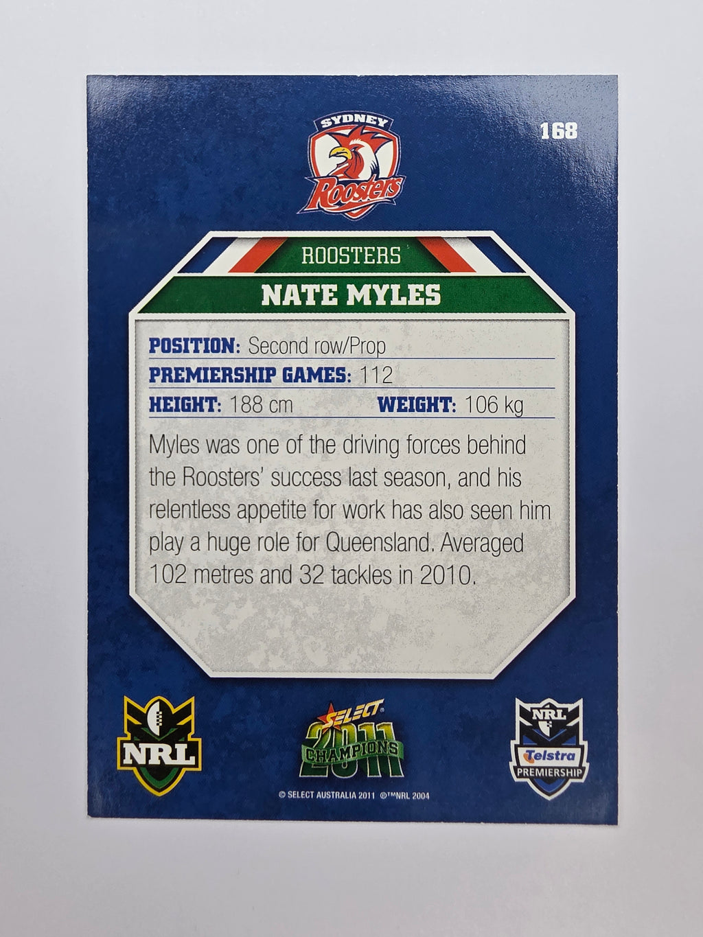NRL 2011 Champions Base Card #168 Nate Myles Sydney Roosters