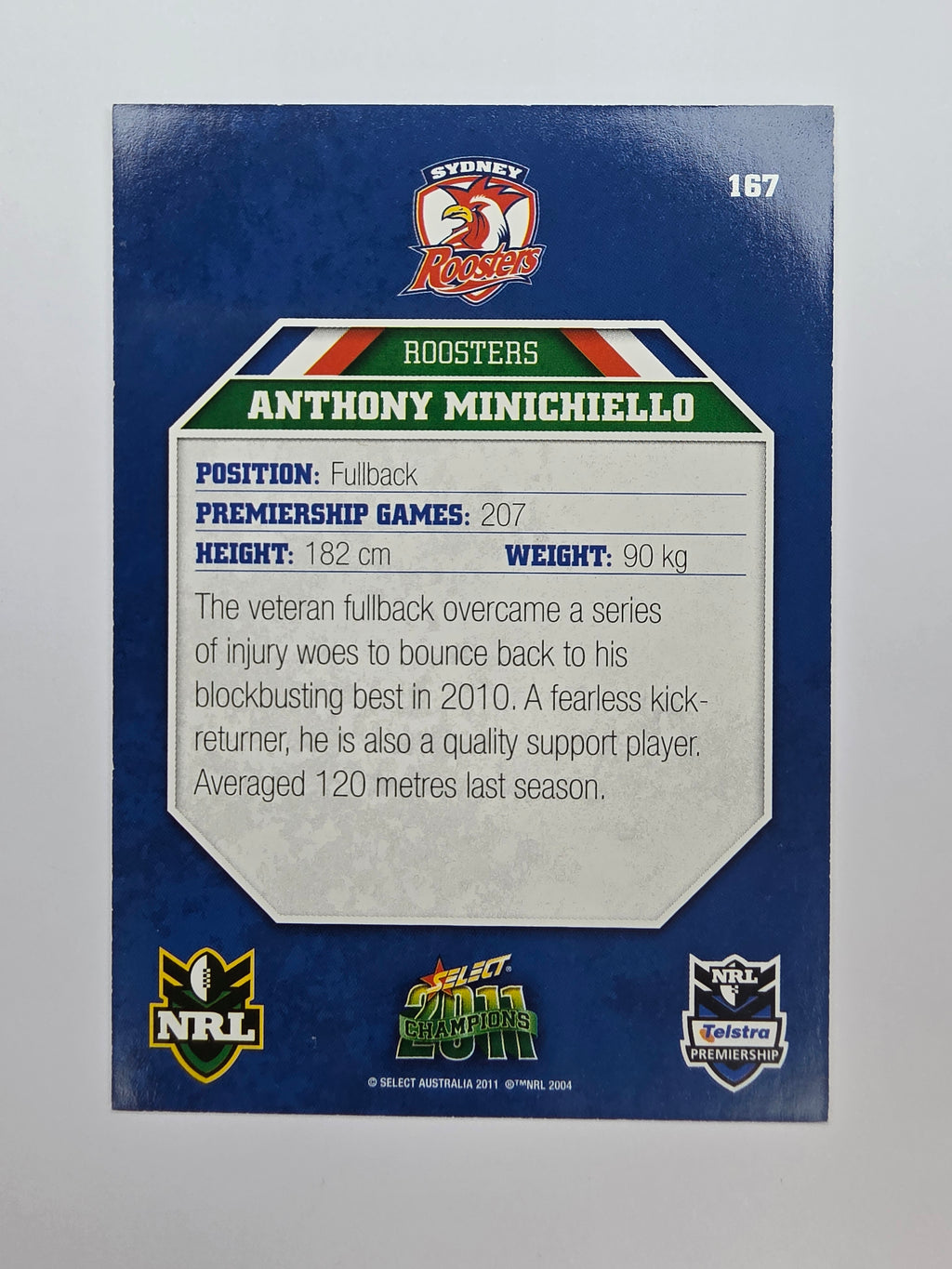 NRL 2011 Champions Base Card #167 Anthony Minichiello Sydney Roosters
