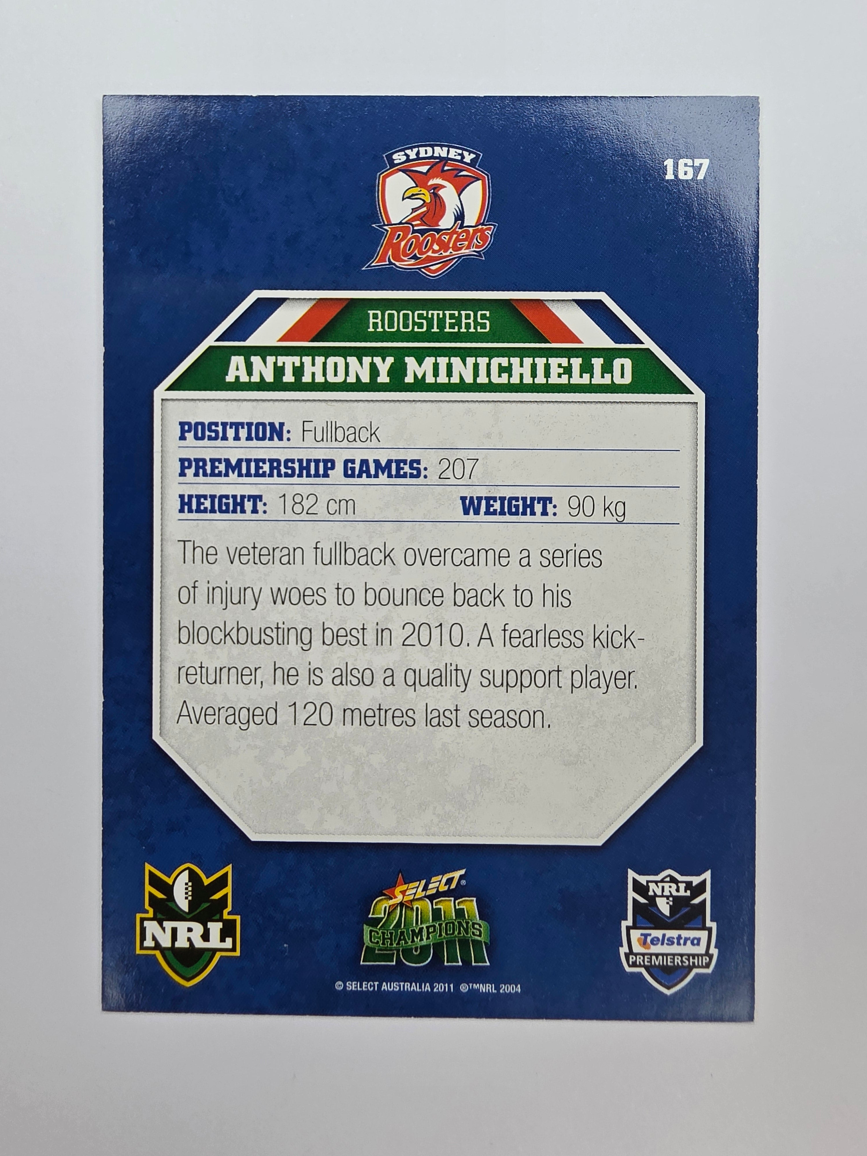 NRL 2011 Champions Base Card #167 Anthony Minichiello Sydney Roosters