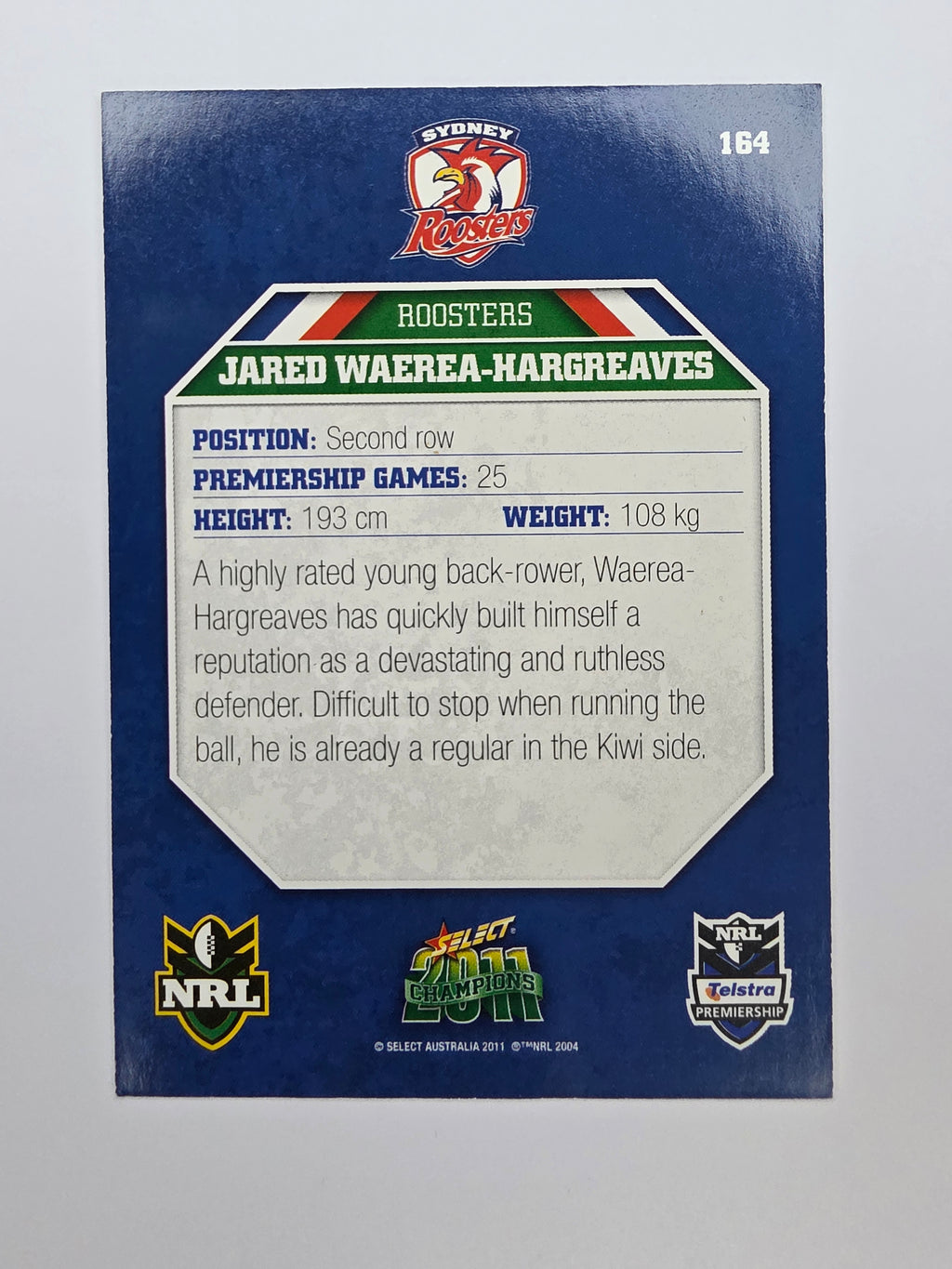 NRL 2011 Champions Base Card #164 Jared Waerea-Hargreaves Sydney Roosters