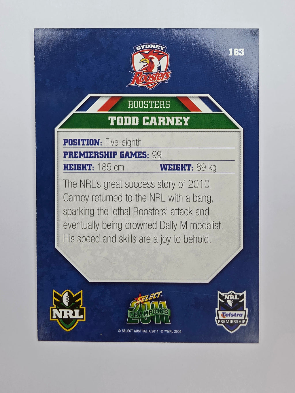 NRL 2011 Champions Base Card #163 Todd Carney Sydney Roosters