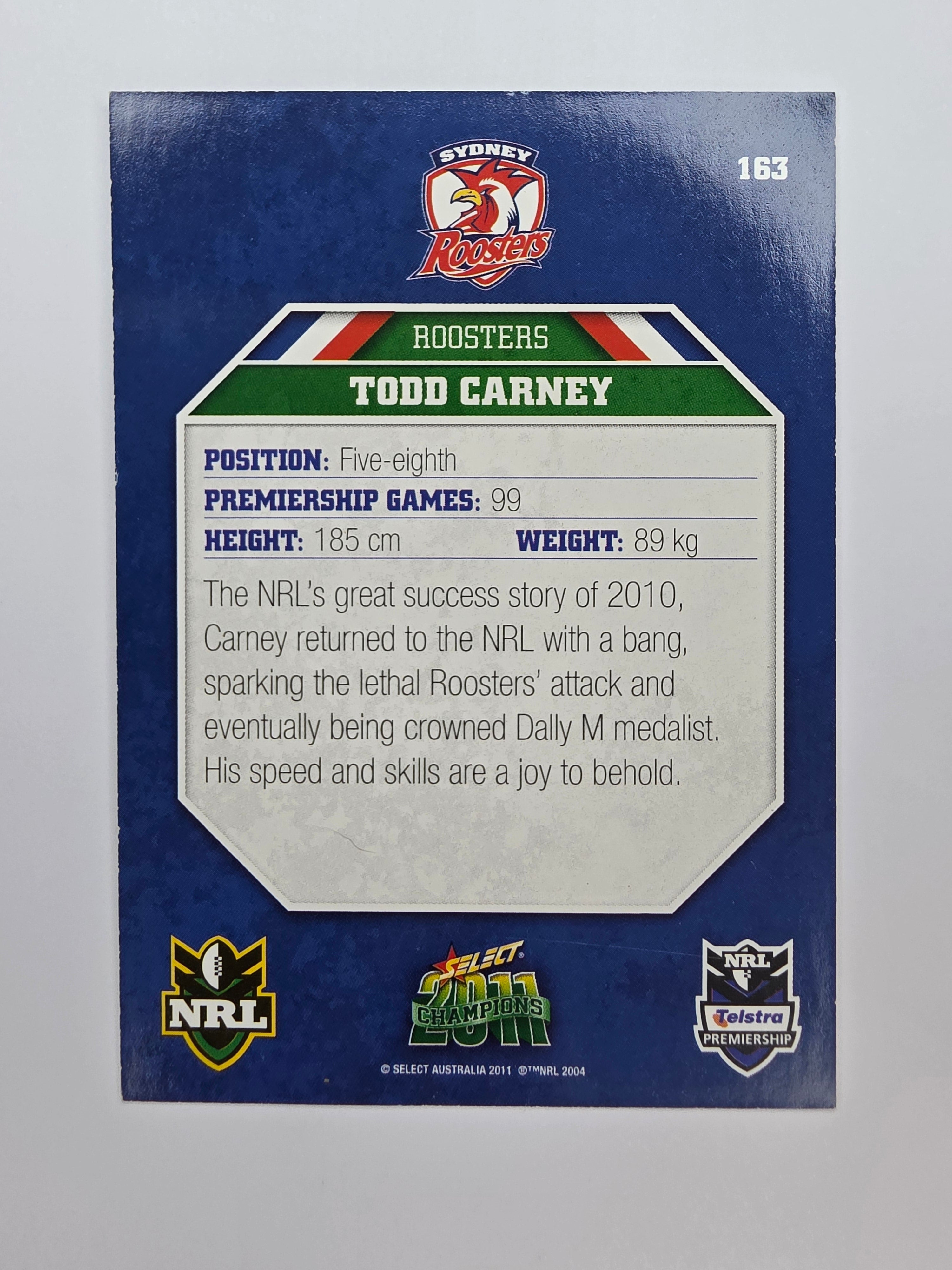 NRL 2011 Champions Base Card #163 Todd Carney Sydney Roosters