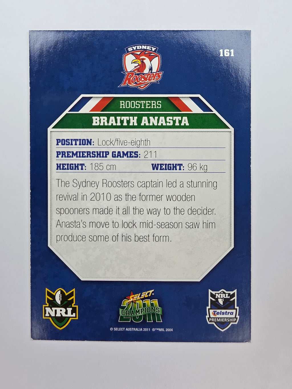NRL 2011 Champions Base Card #161 Braith Anasta Sydney Roosters