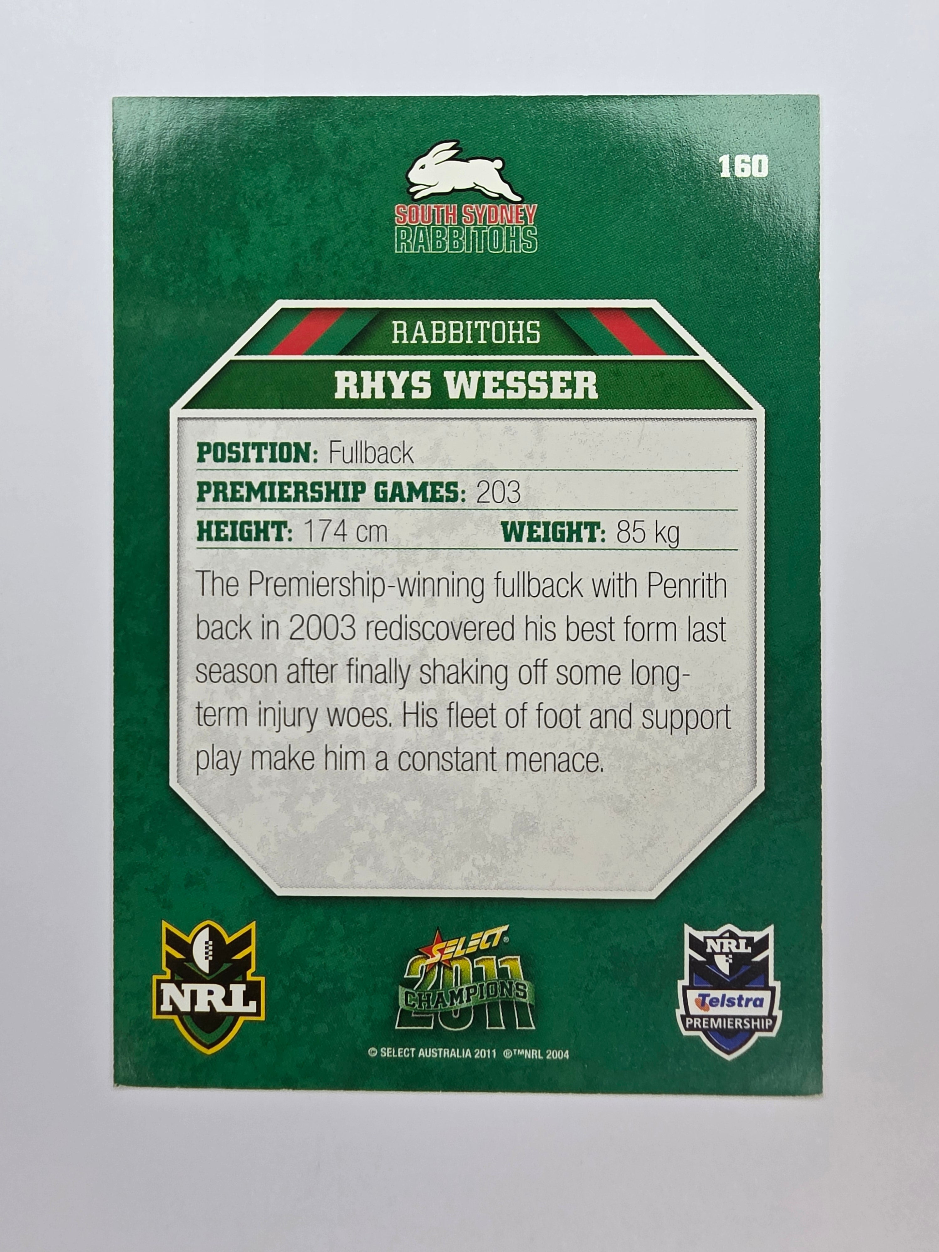 NRL 2011 Champions Base Card #160 Rhys Wesser South Sydney Rabbitohs