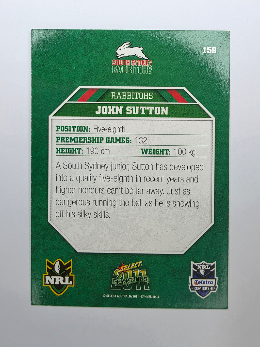 NRL 2011 Champions Base Card #159 John Sutton South Sydney Rabbitohs