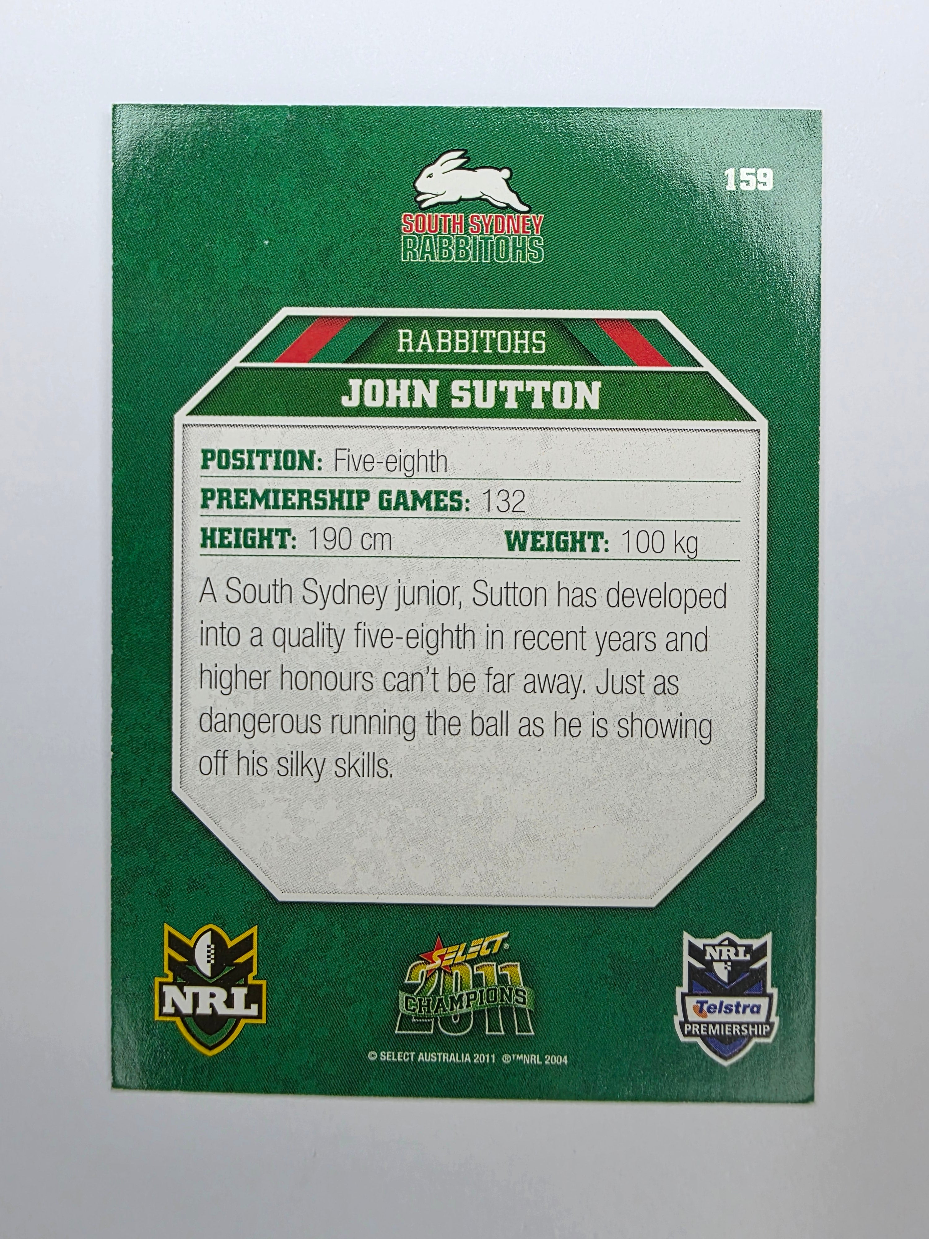NRL 2011 Champions Base Card #159 John Sutton South Sydney Rabbitohs