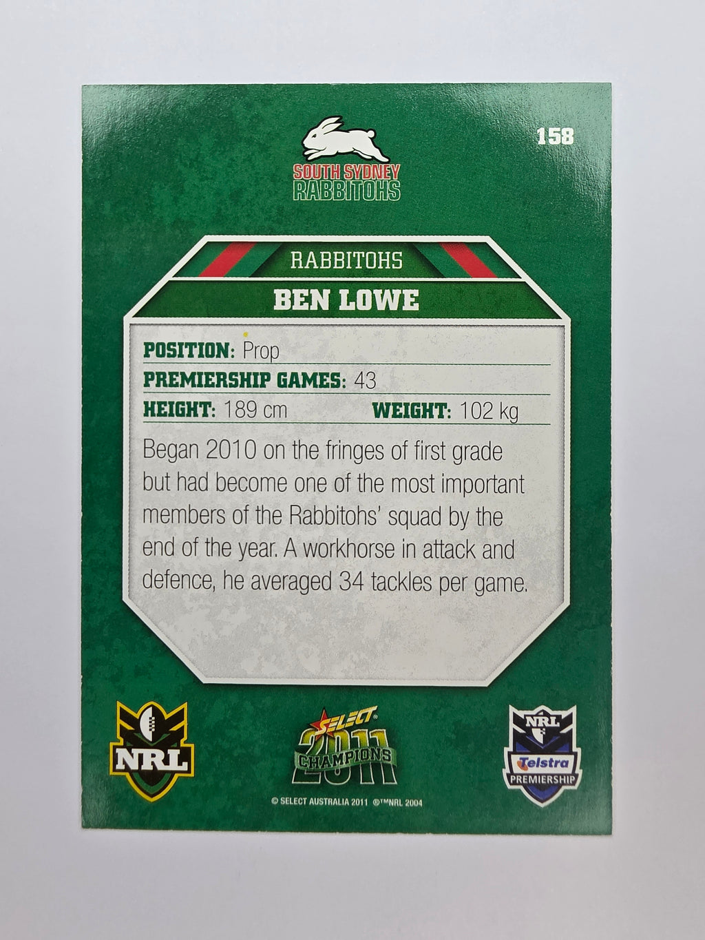 NRL 2011 Champions Base Card #158 Ben Lowe South Sydney Rabbitohs