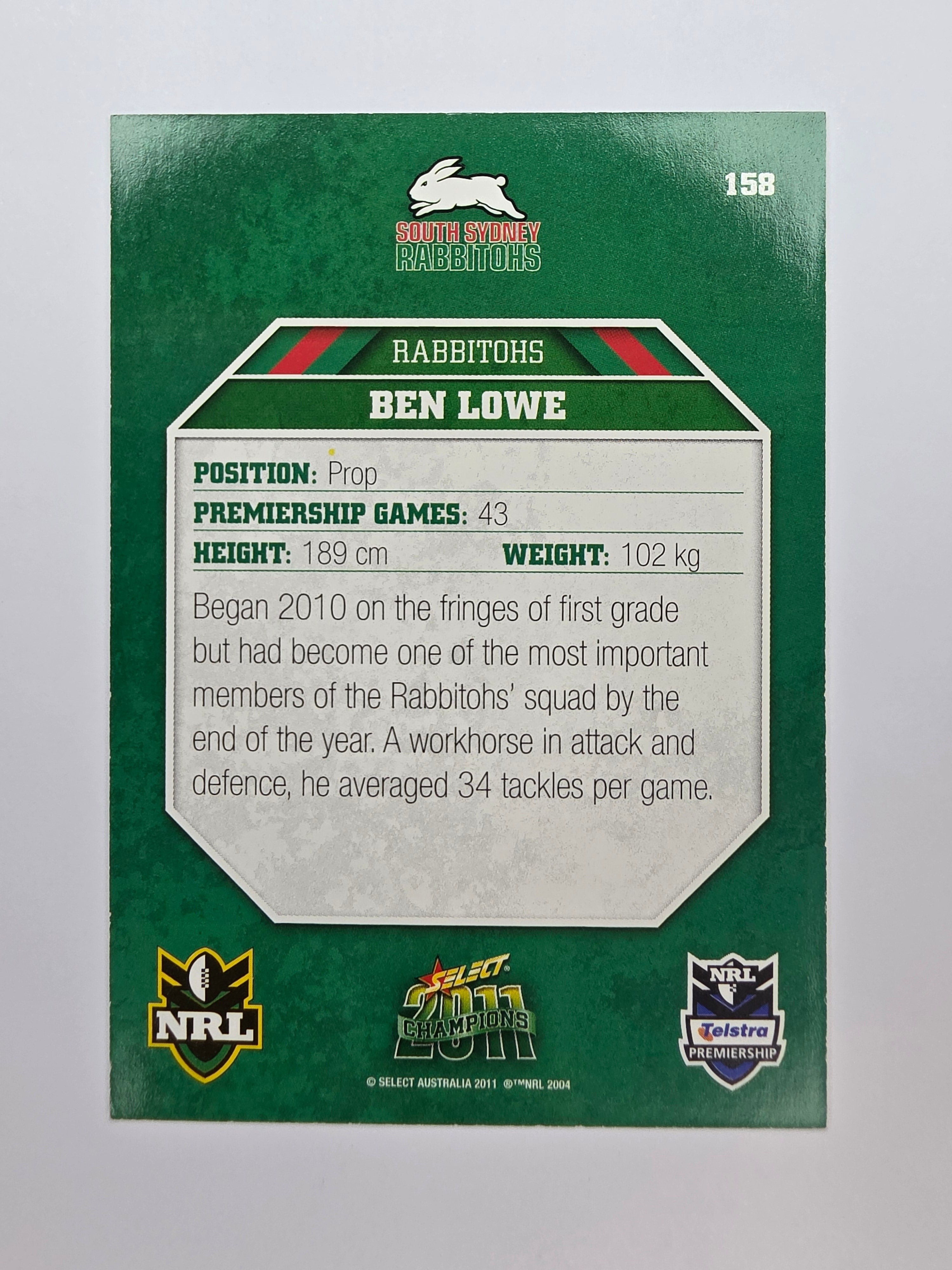NRL 2011 Champions Base Card #158 Ben Lowe South Sydney Rabbitohs
