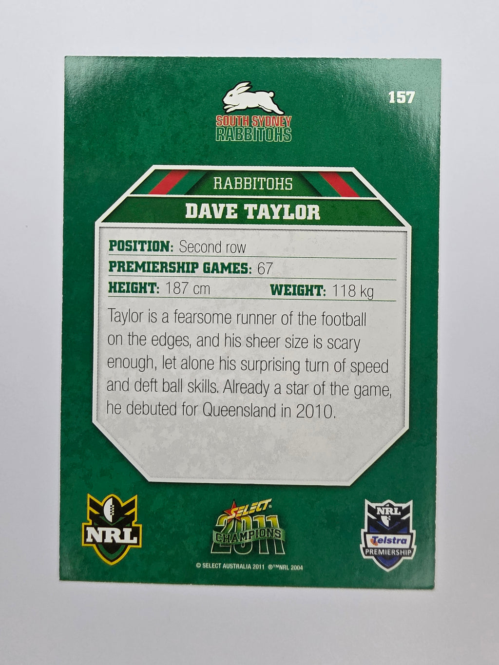 NRL 2011 Champions Base Card #157 Dave Taylor South Sydney Rabbitohs