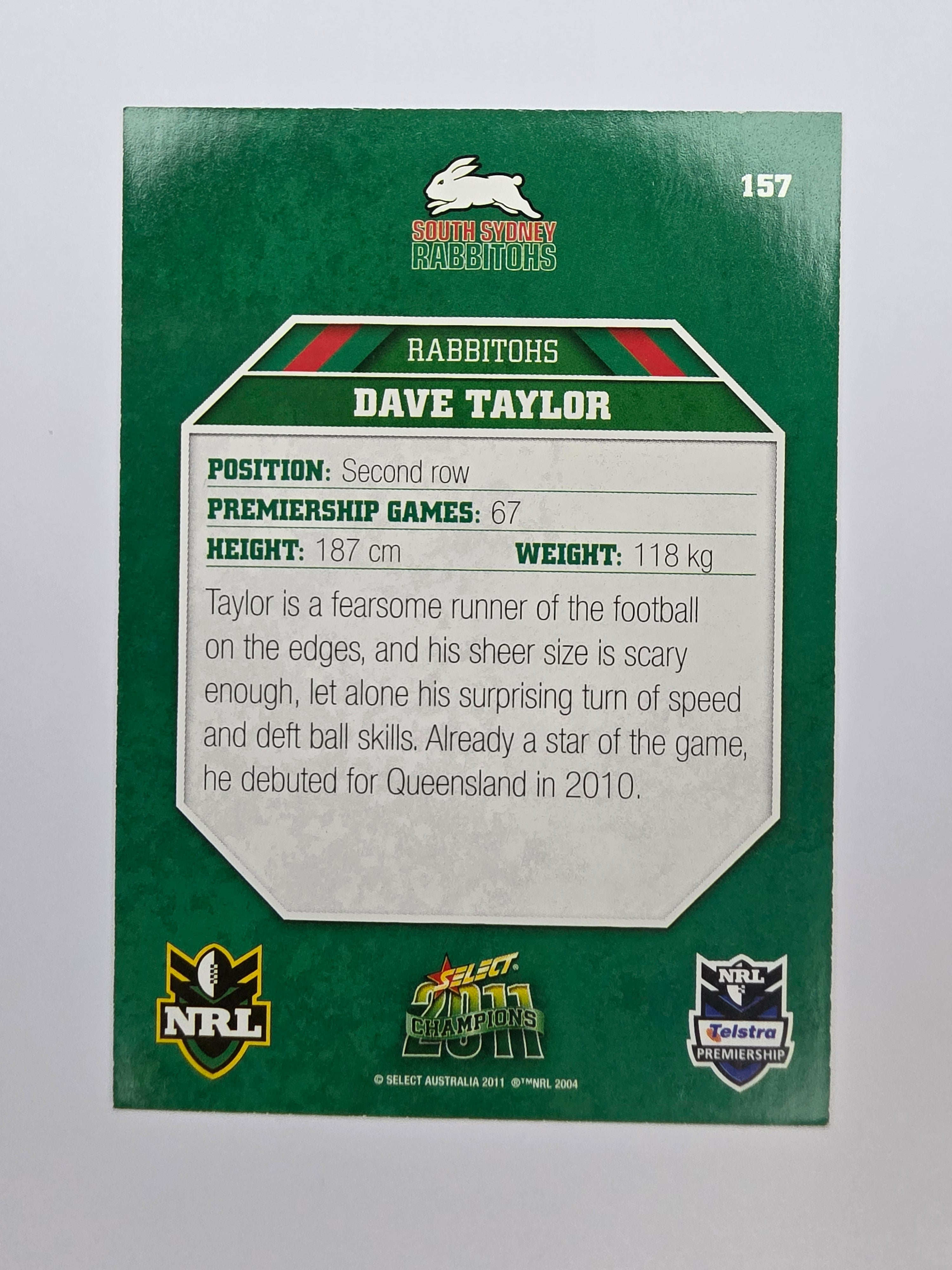 NRL 2011 Champions Base Card #157 Dave Taylor South Sydney Rabbitohs