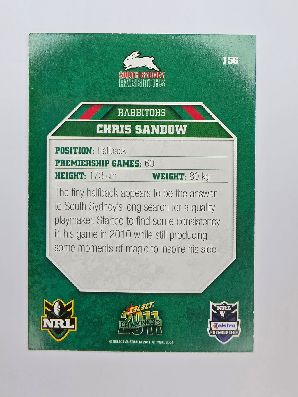 NRL 2011 Champions Base Card #156 Chris Sandow South Sydney Rabbitohs
