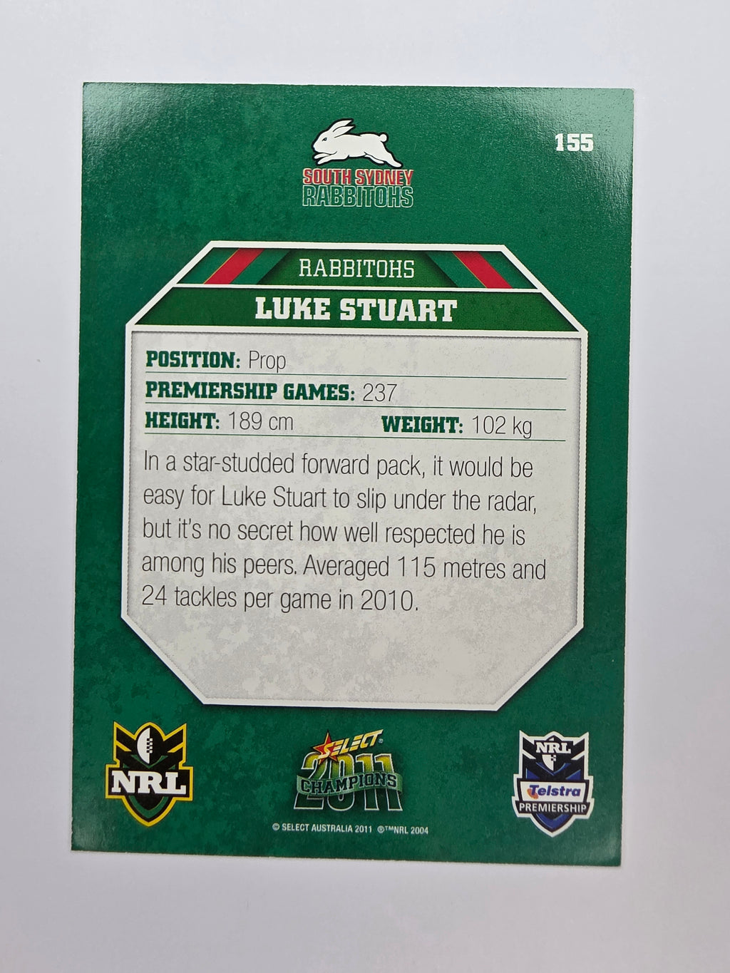 NRL 2011 Champions Base Card #155 Luke Stuart South Sydney Rabbitohs