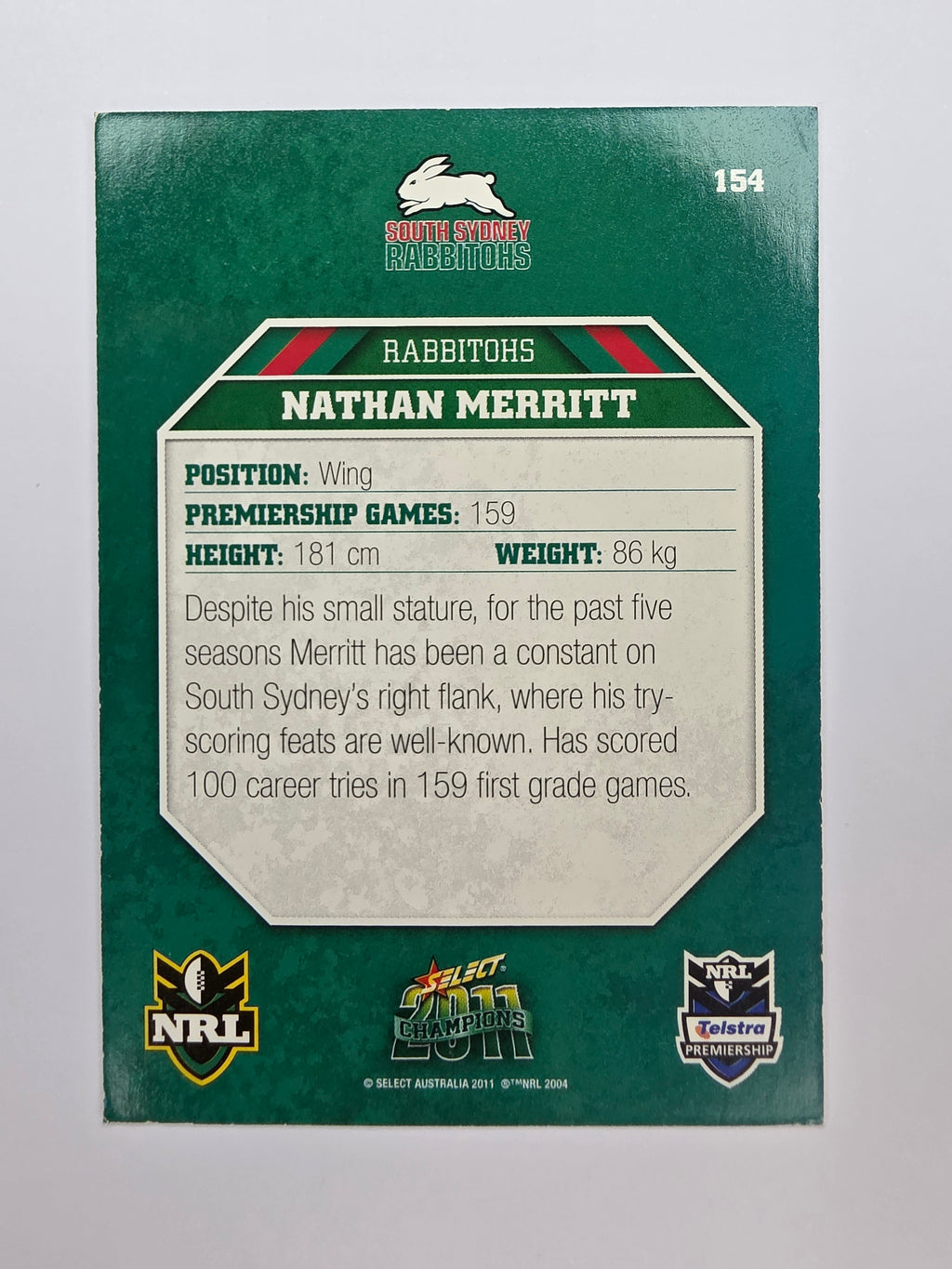 NRL 2011 Champions Base Card #154 Nathan Merritt South Sydney Rabbitohs
