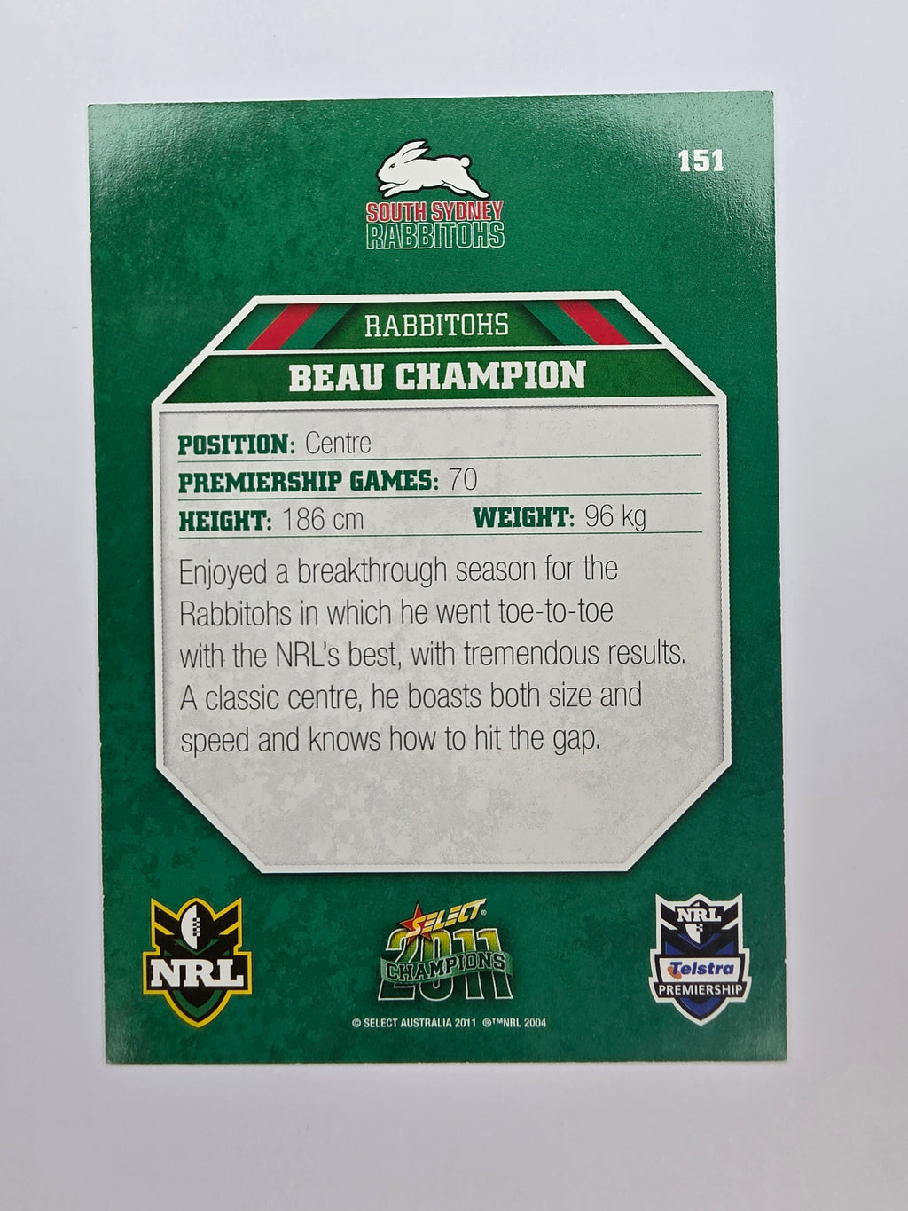 NRL 2011 Champions Base Card #151 Beau Champion South Sydney Rabbitohs