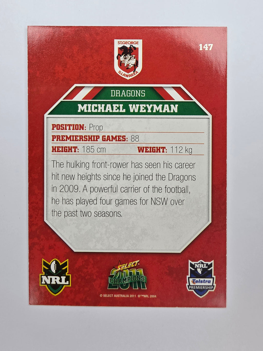 NRL 2011 Champions Base Card #147 Michael Weyman St George Illawarra Dragons