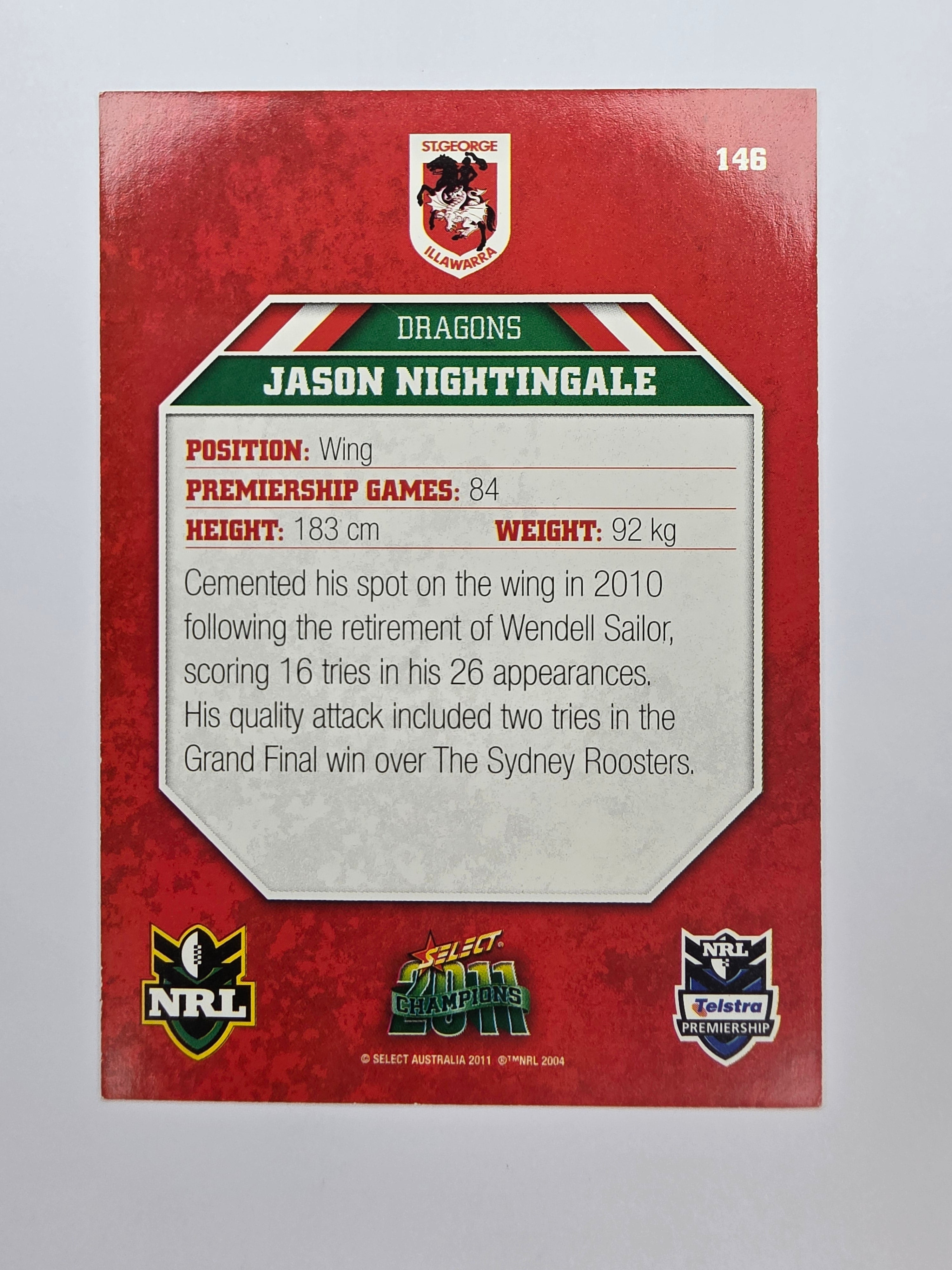 NRL 2011 Champions Base Card #146 Jason Nightingale St George Illawarra Dragons