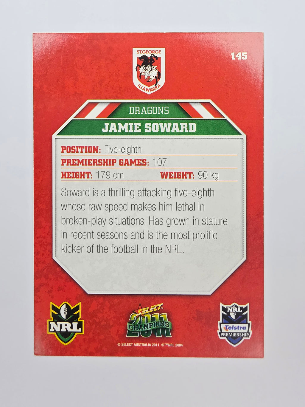 NRL 2011 Champions Base Card #145 Jamie Soward St George Illawarra Dragons