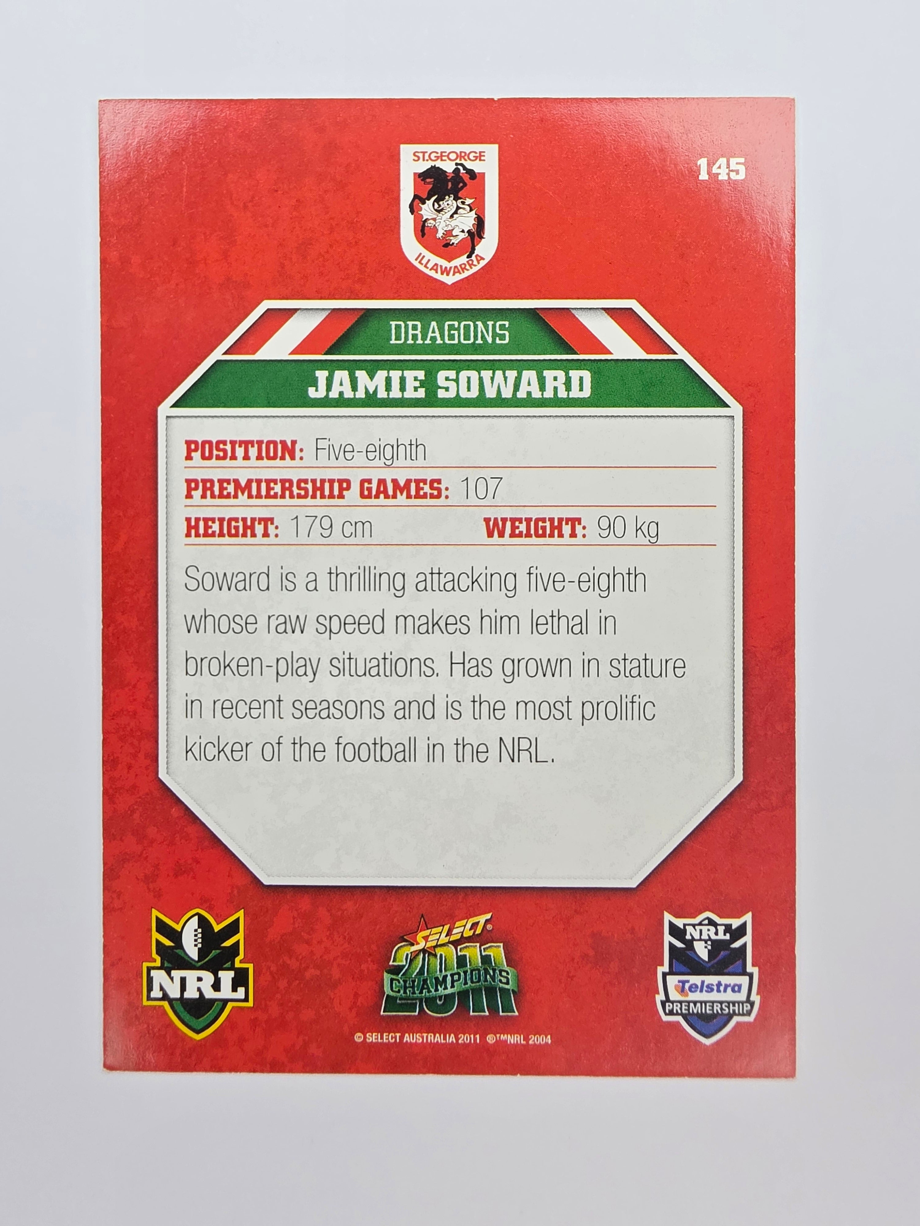 NRL 2011 Champions Base Card #145 Jamie Soward St George Illawarra Dragons