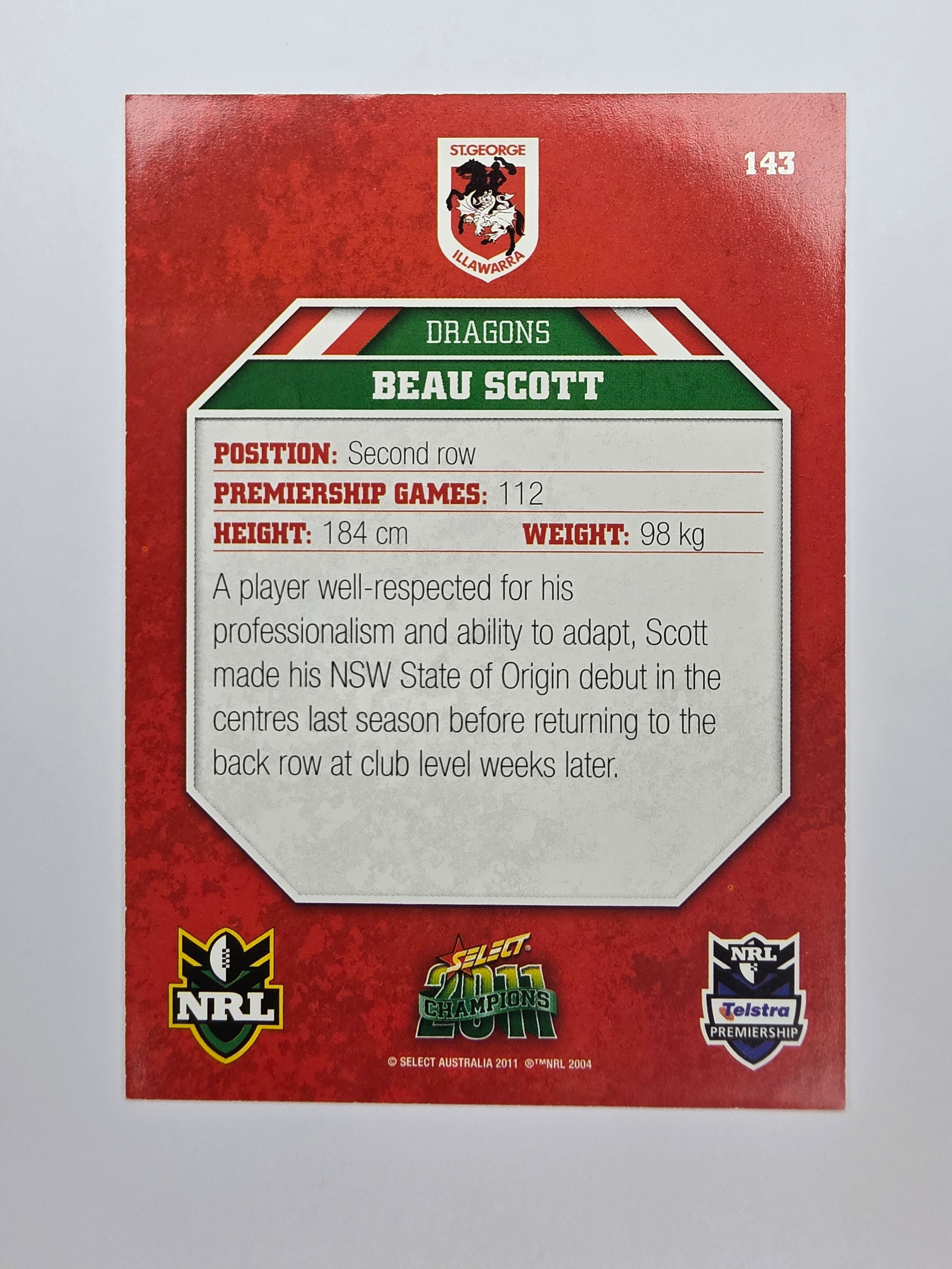 NRL 2011 Champions Base Card #143 Beau Scott St George Illawarra Dragons