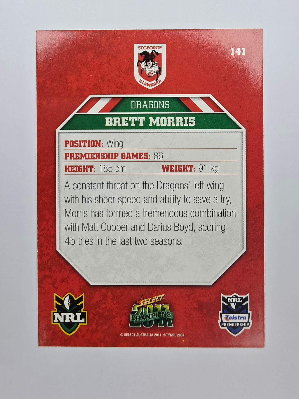 NRL 2011 Champions Base Card #141 Brett Morris St George Illawarra Dragons