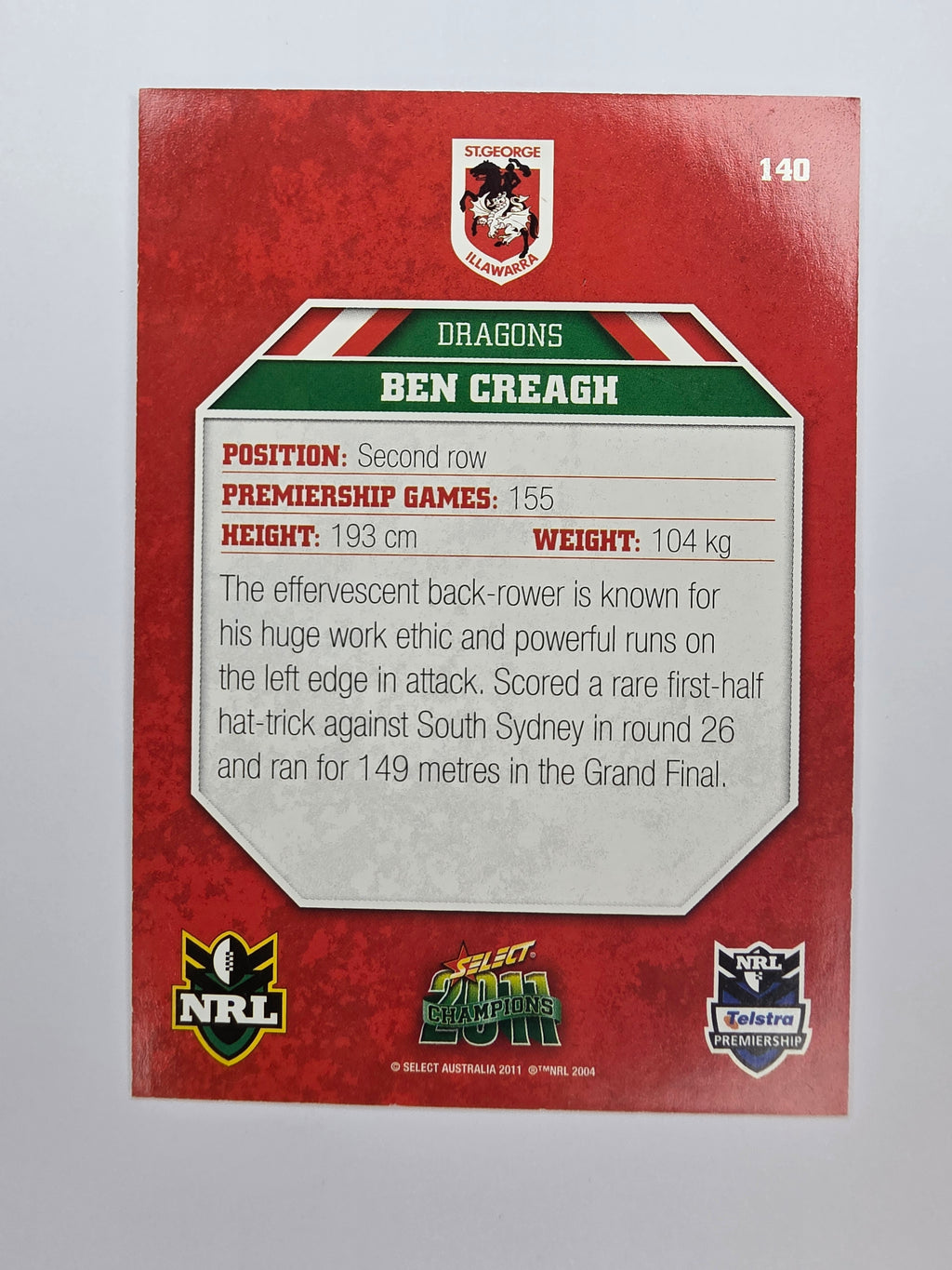 NRL 2011 Champions Base Card #140 Ben Creagh St George Illawarra Dragons
