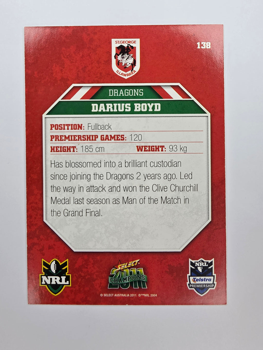 NRL 2011 Champions Base Card #138 Darius Boyd St George Illawarra Dragons