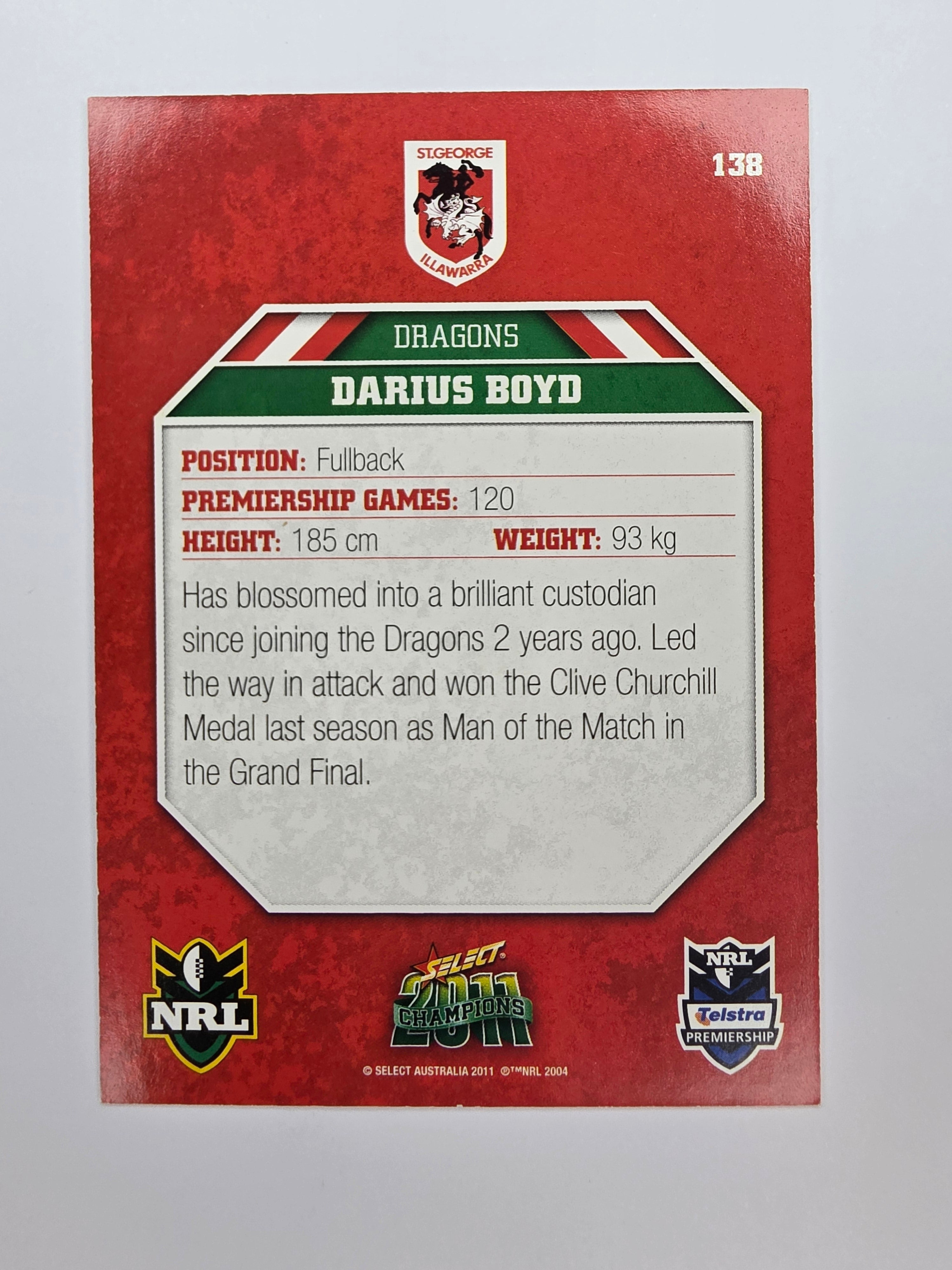 NRL 2011 Champions Base Card #138 Darius Boyd St George Illawarra Dragons