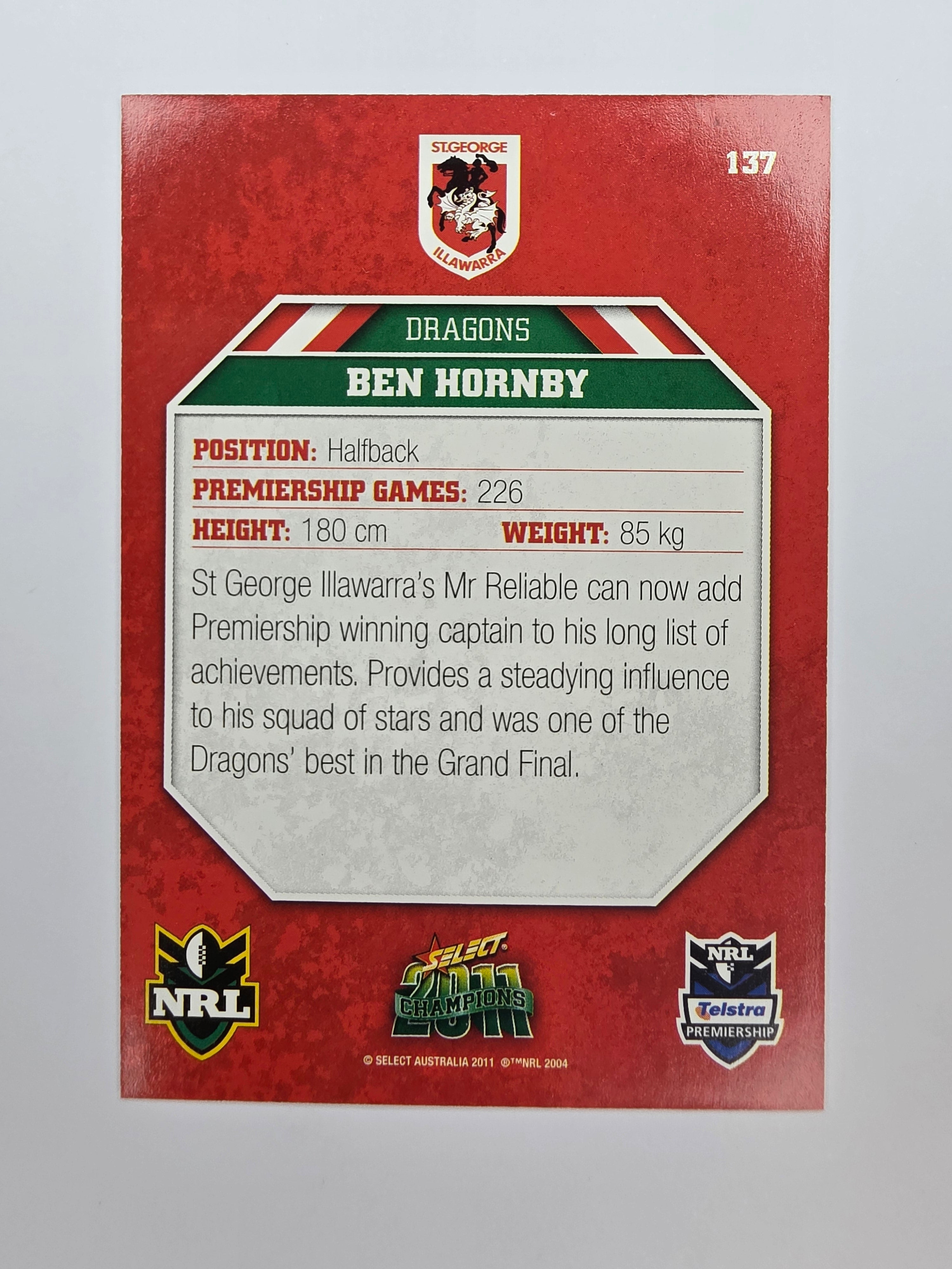 NRL 2011 Champions Base Card #137 Ben Hornby St George Illawarra Dragons
