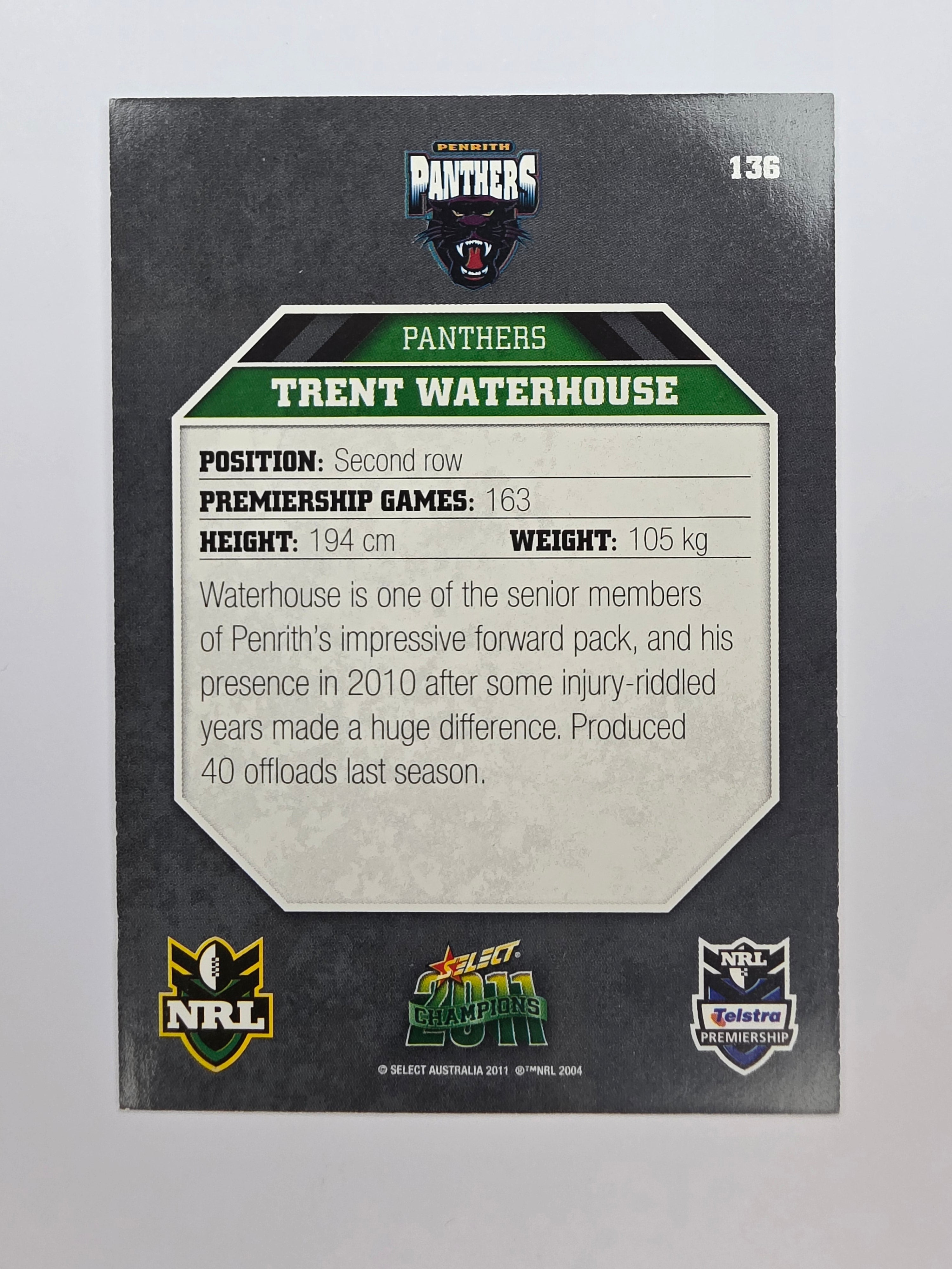 NRL 2011 Champions Base Card #136 Trent Waterhouse Penrith Panthers