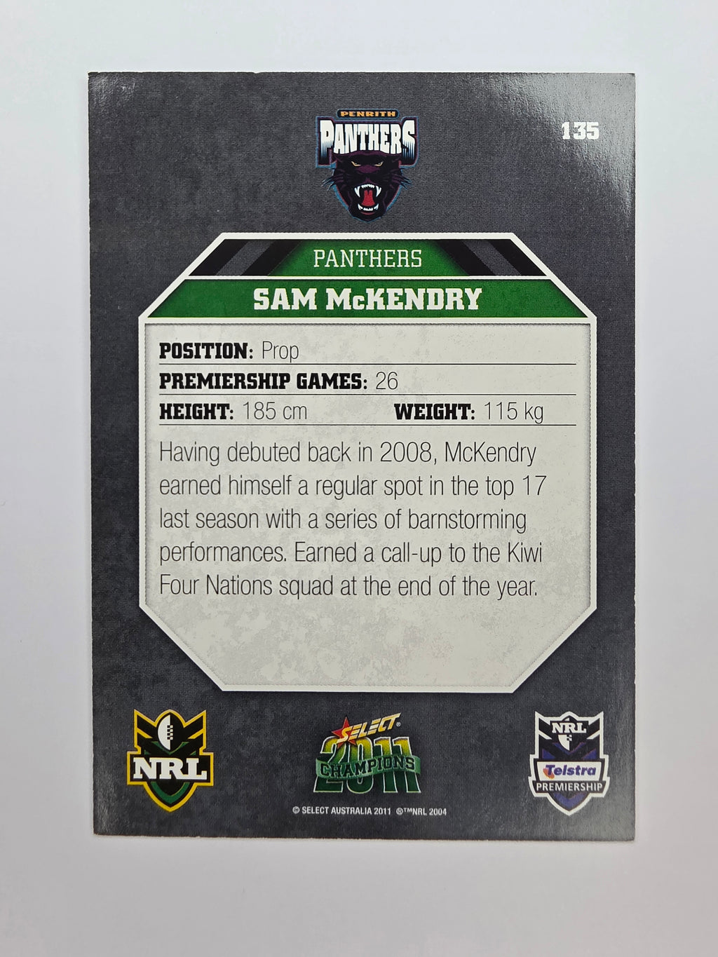 NRL 2011 Champions Base Card #135 Sam McKendry Penrith Panthers