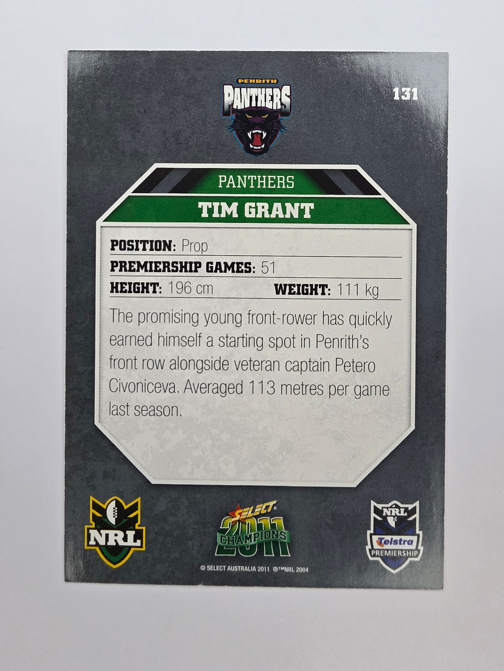 NRL 2011 Champions Base Card #131 Tim Grant Penrith Panthers