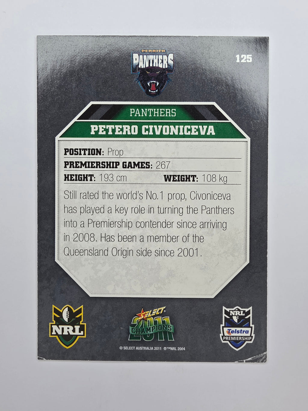 NRL 2011 Champions Base Card #125 Petero Civoniceva Penrith Panthers