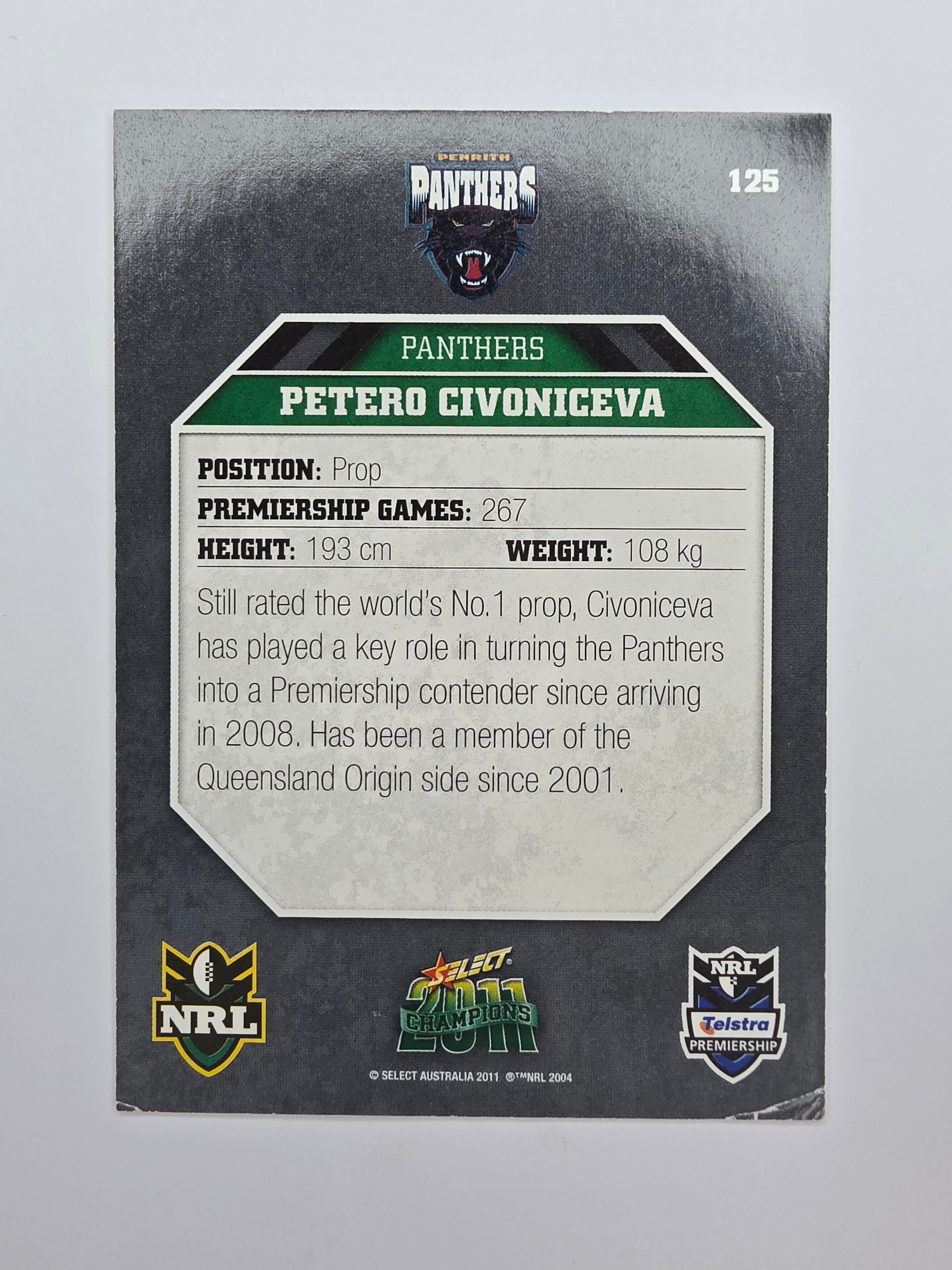 NRL 2011 Champions Base Card #125 Petero Civoniceva Penrith Panthers