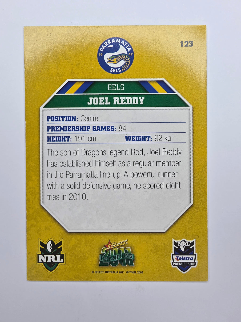 NRL 2011 Champions Base Card #123 Joel Reddy Parramatta Eels