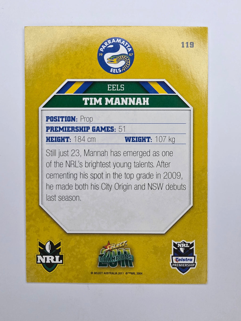 NRL 2011 Champions Base Card #119 Tim Mannah Parramatta Eels