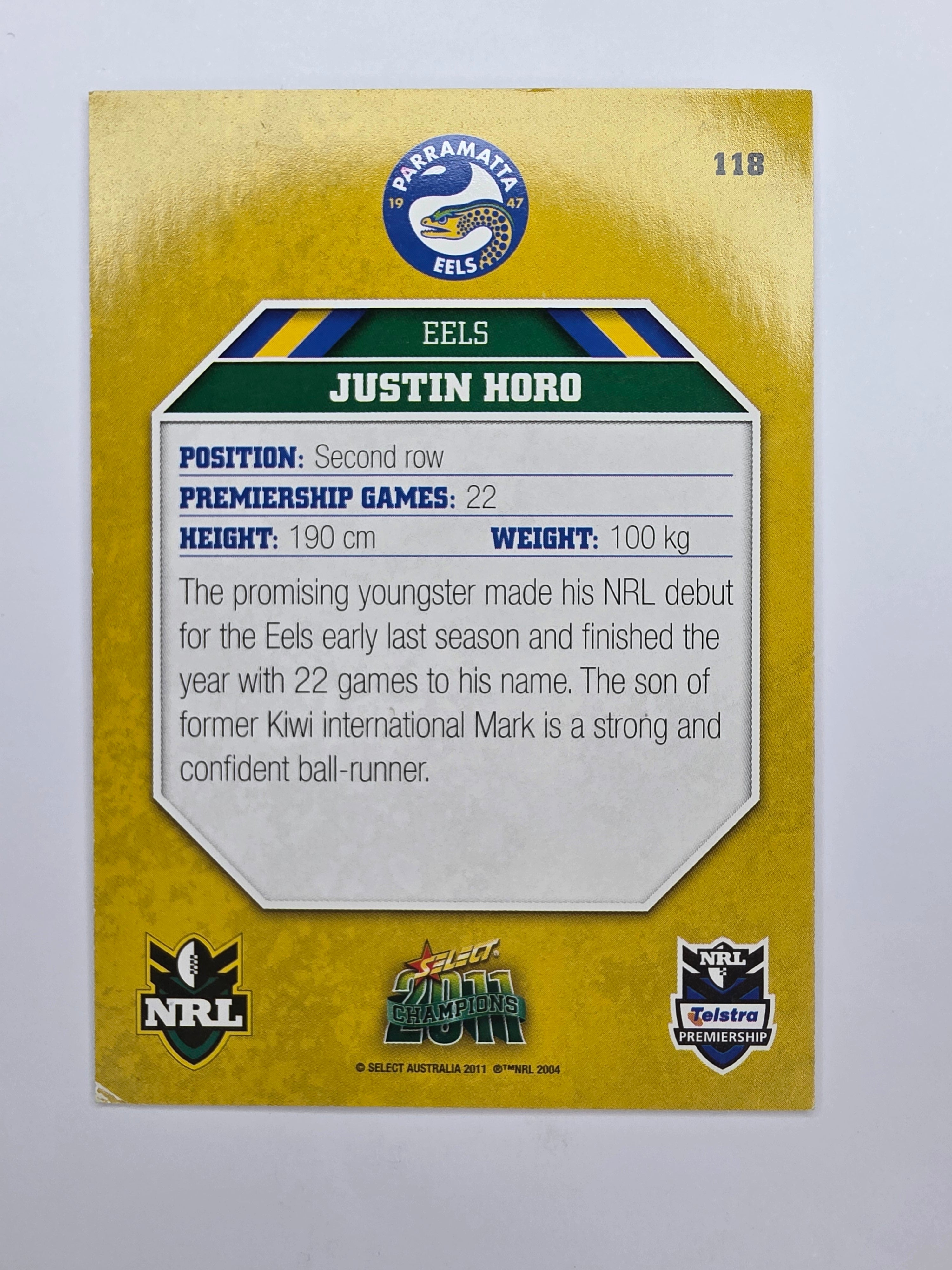 NRL 2011 Champions Base Card #118 Justin Horo Parramatta Eels
