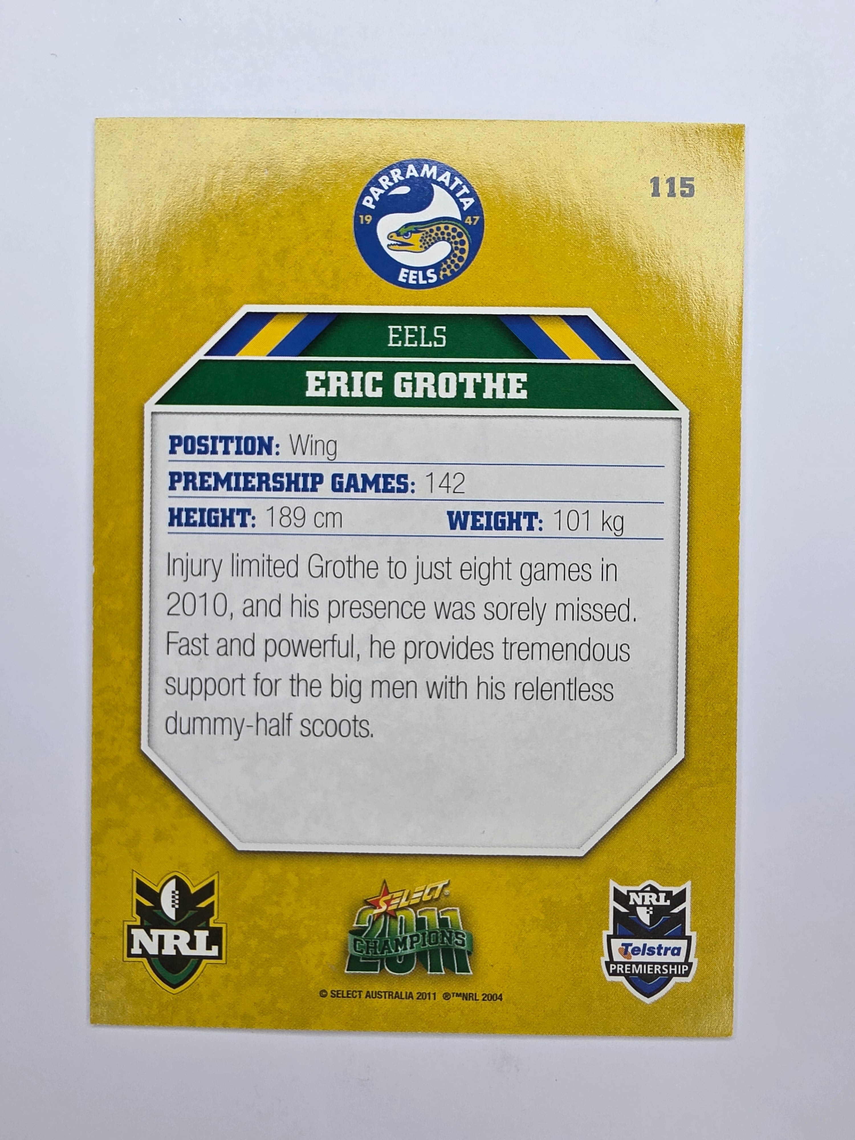 NRL 2011 Champions Base Card #115 Eric Grothe Parramatta Eels